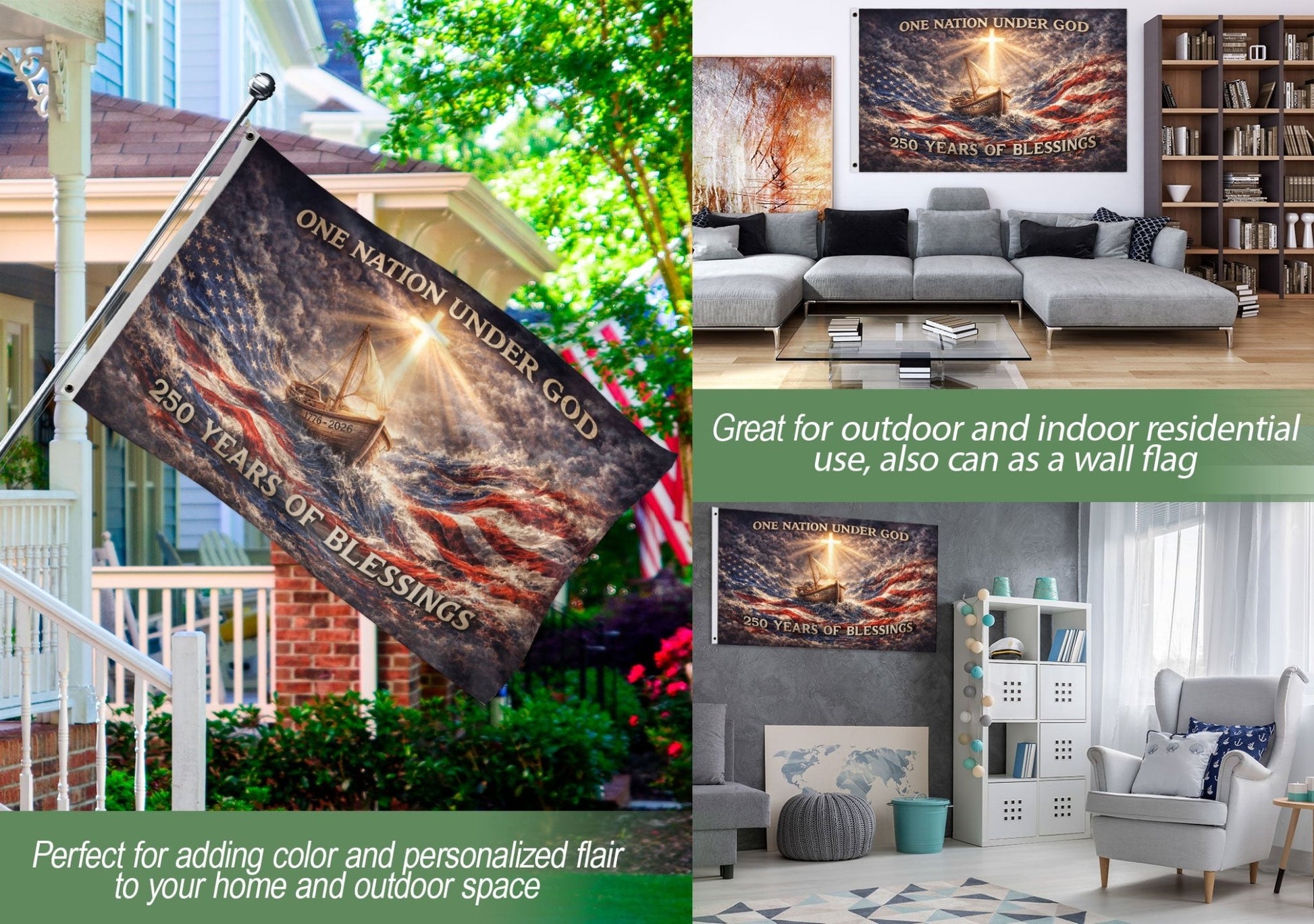 USA 250th Anniversary Flag 1776-2026 – One Nation Under God Sailing Ship 250 Years Double-Sided House Flag - Rust Field Wear