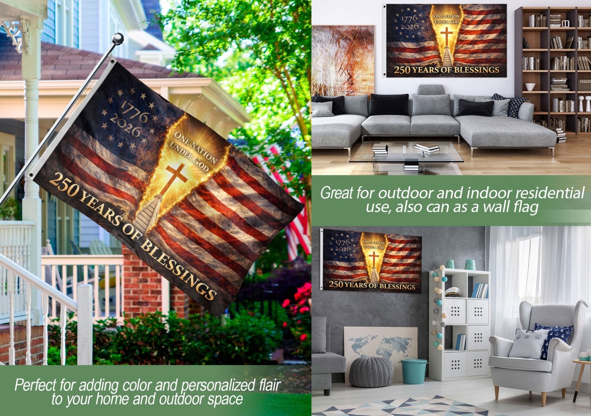 Flag 250 Years of Blessings 1776-2026 - One Nation Under God 250th Anniversary USA Christian Flag, Double Sided Premium House Flag - Rust Field Wear