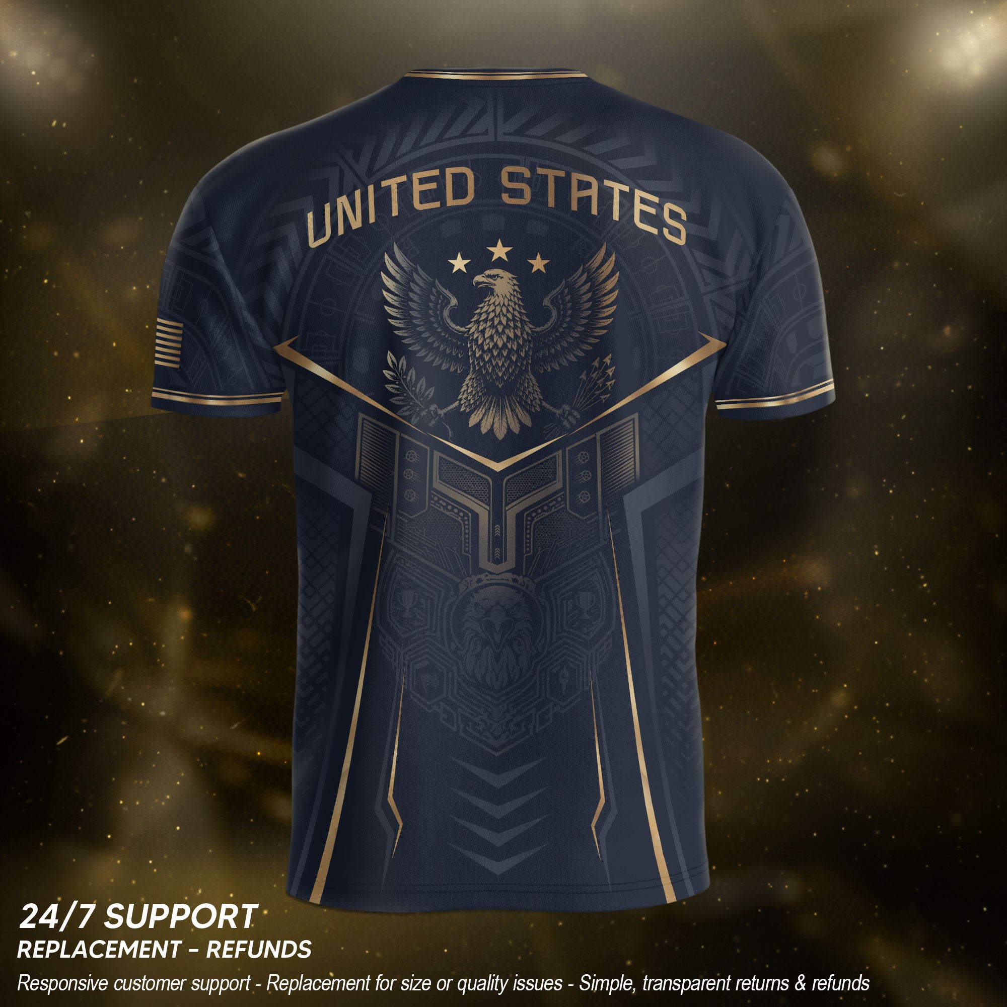 USA Soccer Jersey Navy Gold Eagle Shield Graphic Sports Tee for Soccer Fans