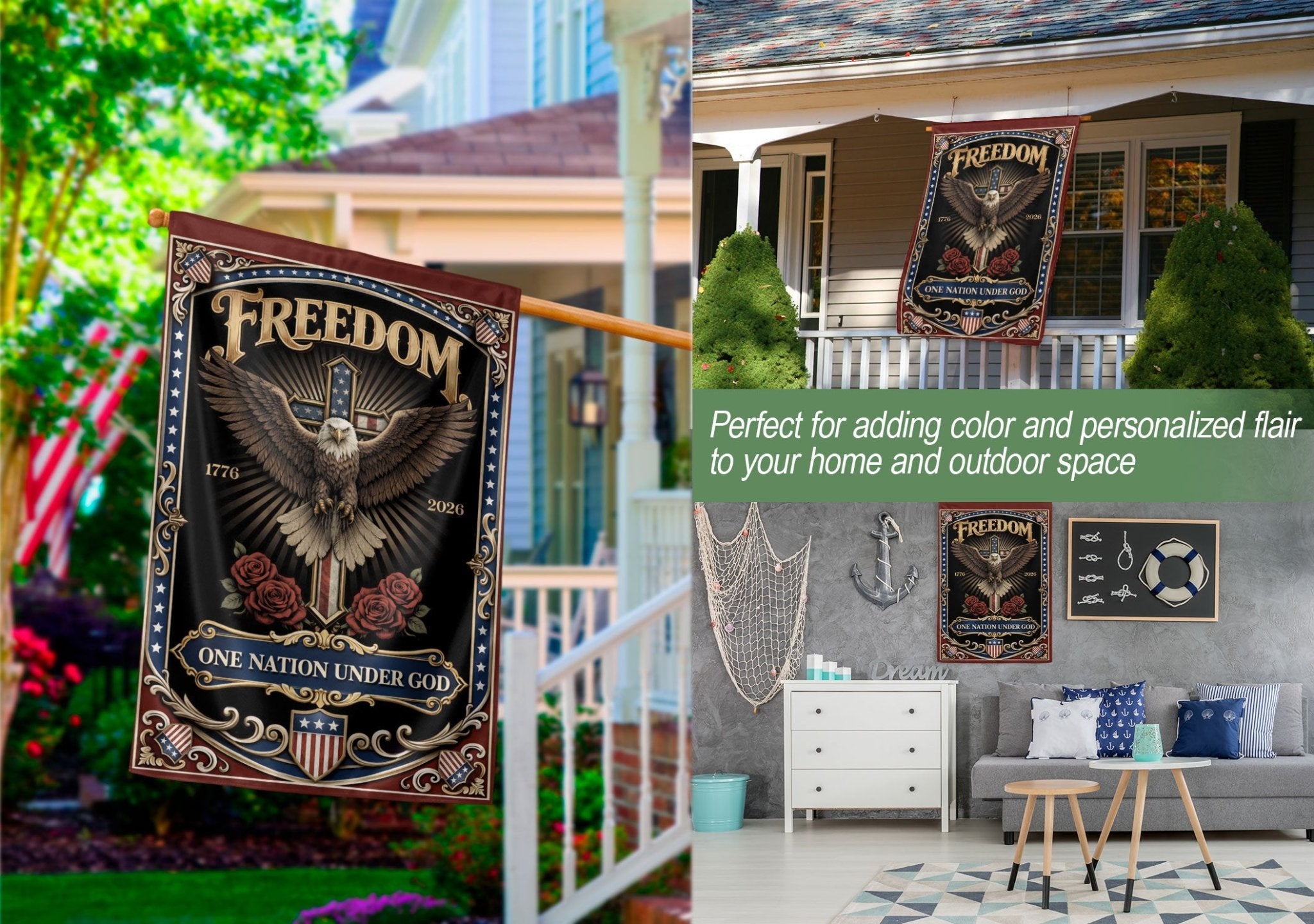 250th Anniversary USA House Flag – One Nation Under God, We The People, Cross House Flag, Faith and Freedom, 250 Years of Freedom Flag - Rust Field Wear