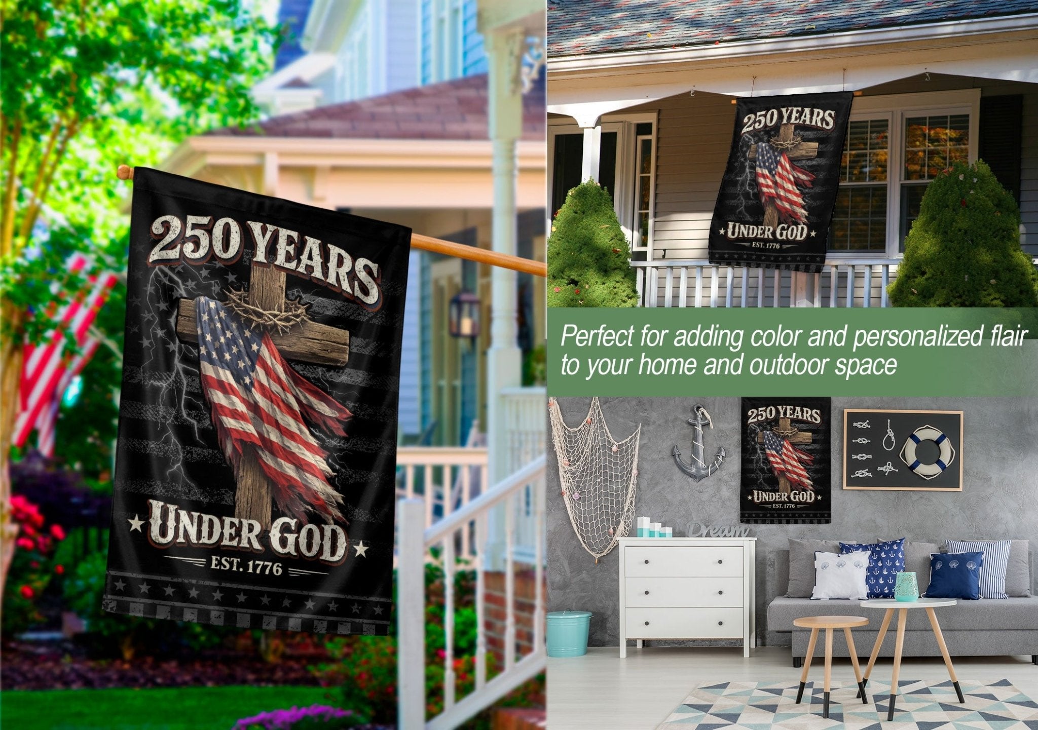 250 Years of Freedom House Flag – One Nation Under God Cross Flag, We The People Patriotic House Flag, Faith and Freedom Decor - Rust Field Wear