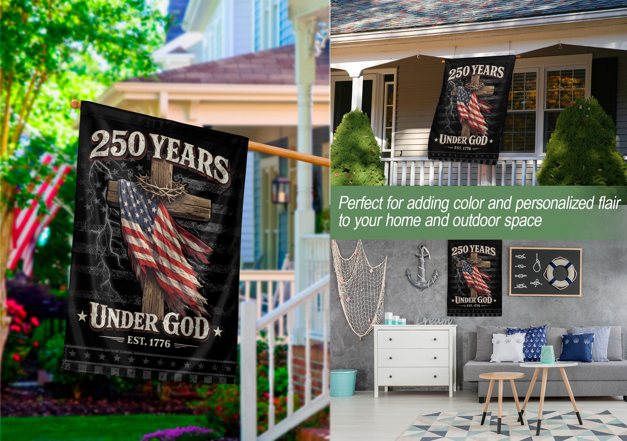 250 Years of Freedom House Flag – One Nation Under God Cross Flag, We The People Patriotic House Flag, Faith and Freedom Decor