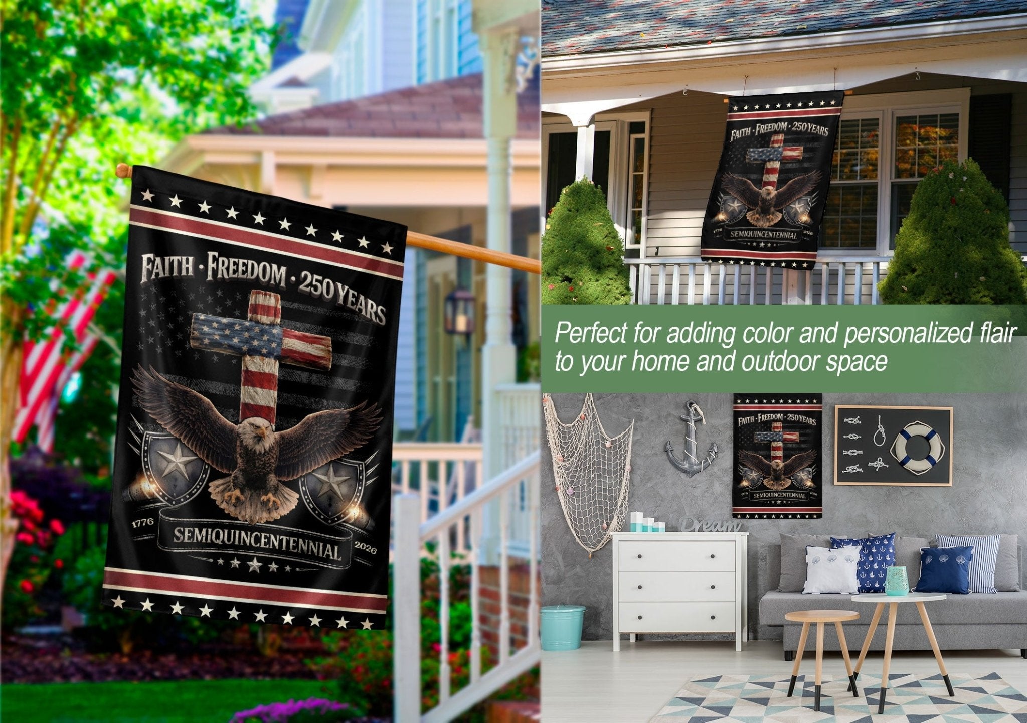 Patriotic House Flag 250th Anniversary USA – One Nation Under God Cross Flag, We The People Flag, Faith and Freedom Yard Decor - Rust Field Wear