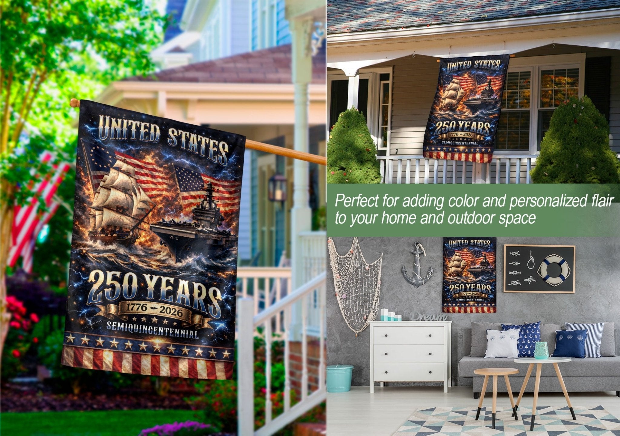 1776-2026 USA 250th Anniversary House Flag – Navy History & Modern Power Patriotic Double Sided Flag - Rust Field Wear