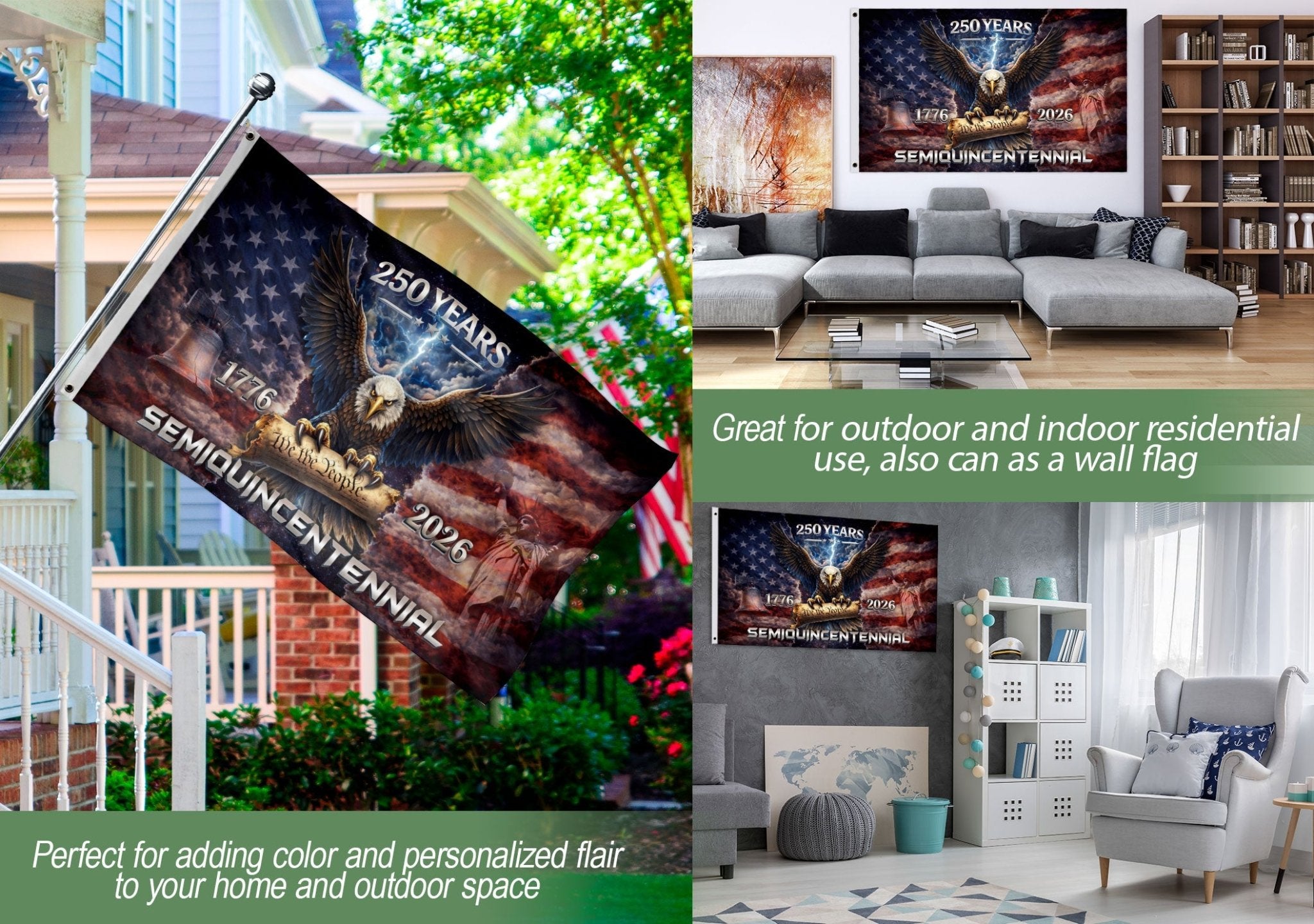 USA 250th Anniversary 1776–2026 House Flag – Vintage Bootleg Eagle Liberty Bell We The People Double Sided - Rust Field Wear