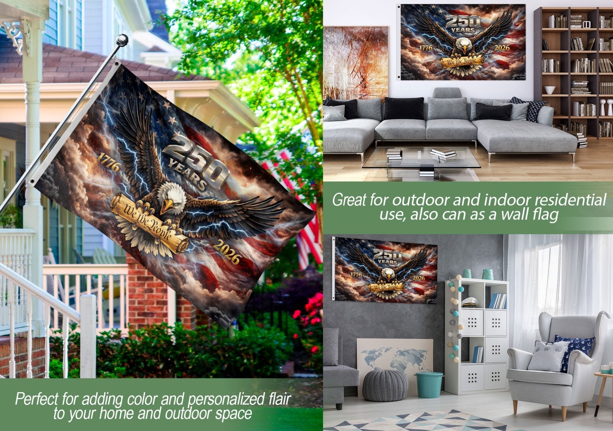 USA 250th Anniversary 1776–2026 House Flag – Vintage Bootleg Eagle We The People Lightning Double Sided Printing - Rust Field Wear