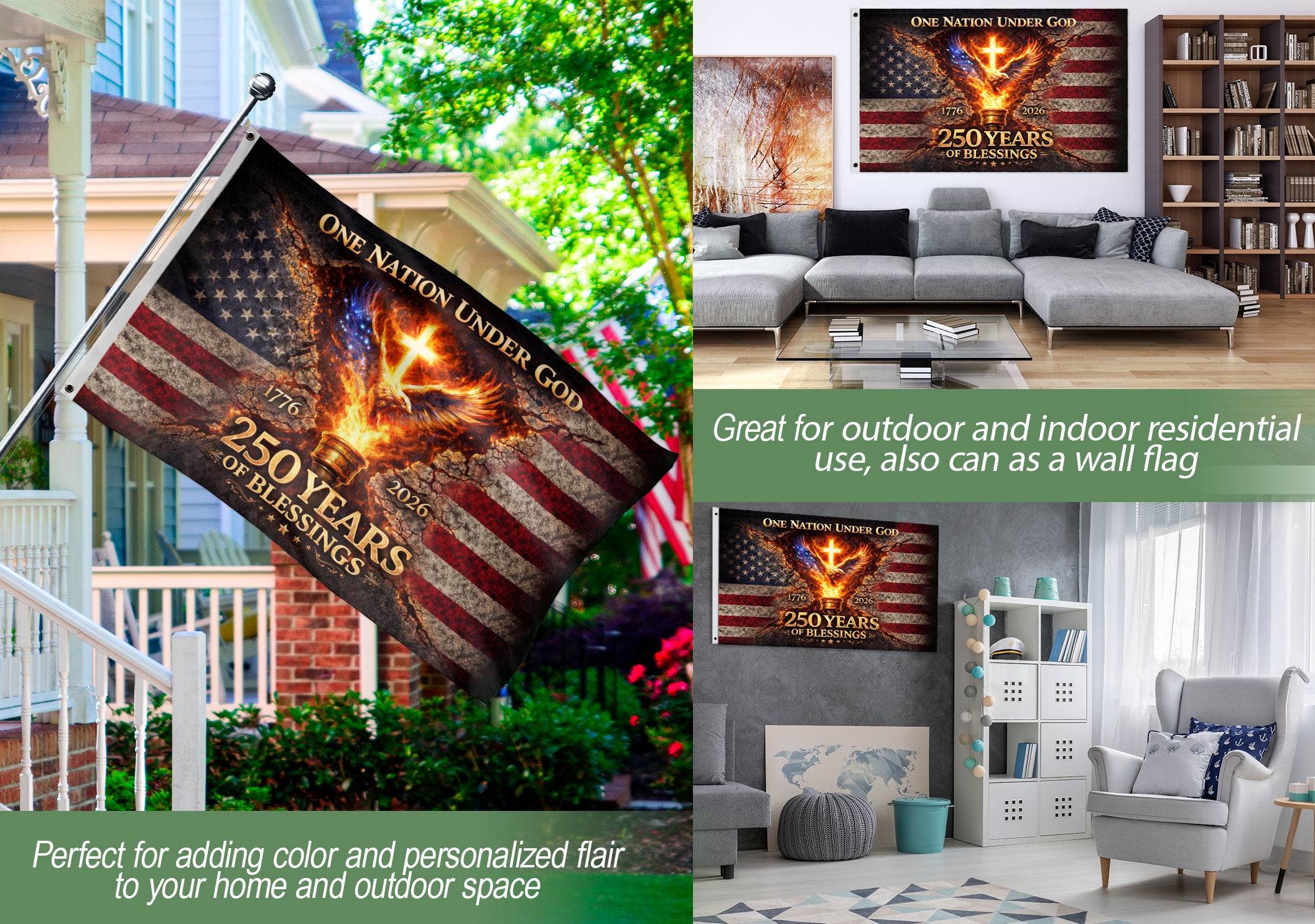 One Nation Under God 250 Years Flag 1776–2026 – Eagle & Cross Christian USA Double Sided House Flag