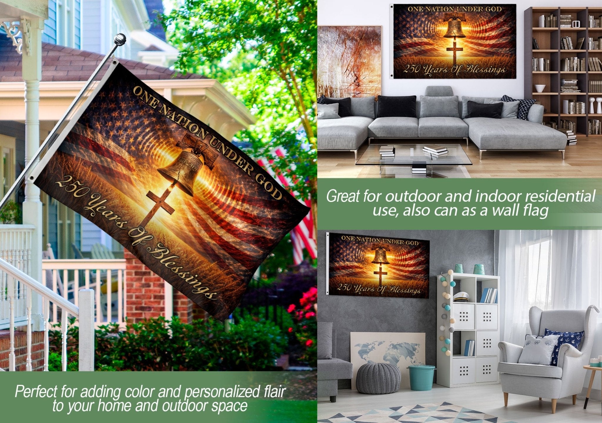 250 Years of Blessings Flag 1776–2026 – Liberty Bell & Cross One Nation Under God Patriotic Banner - Rust Field Wear