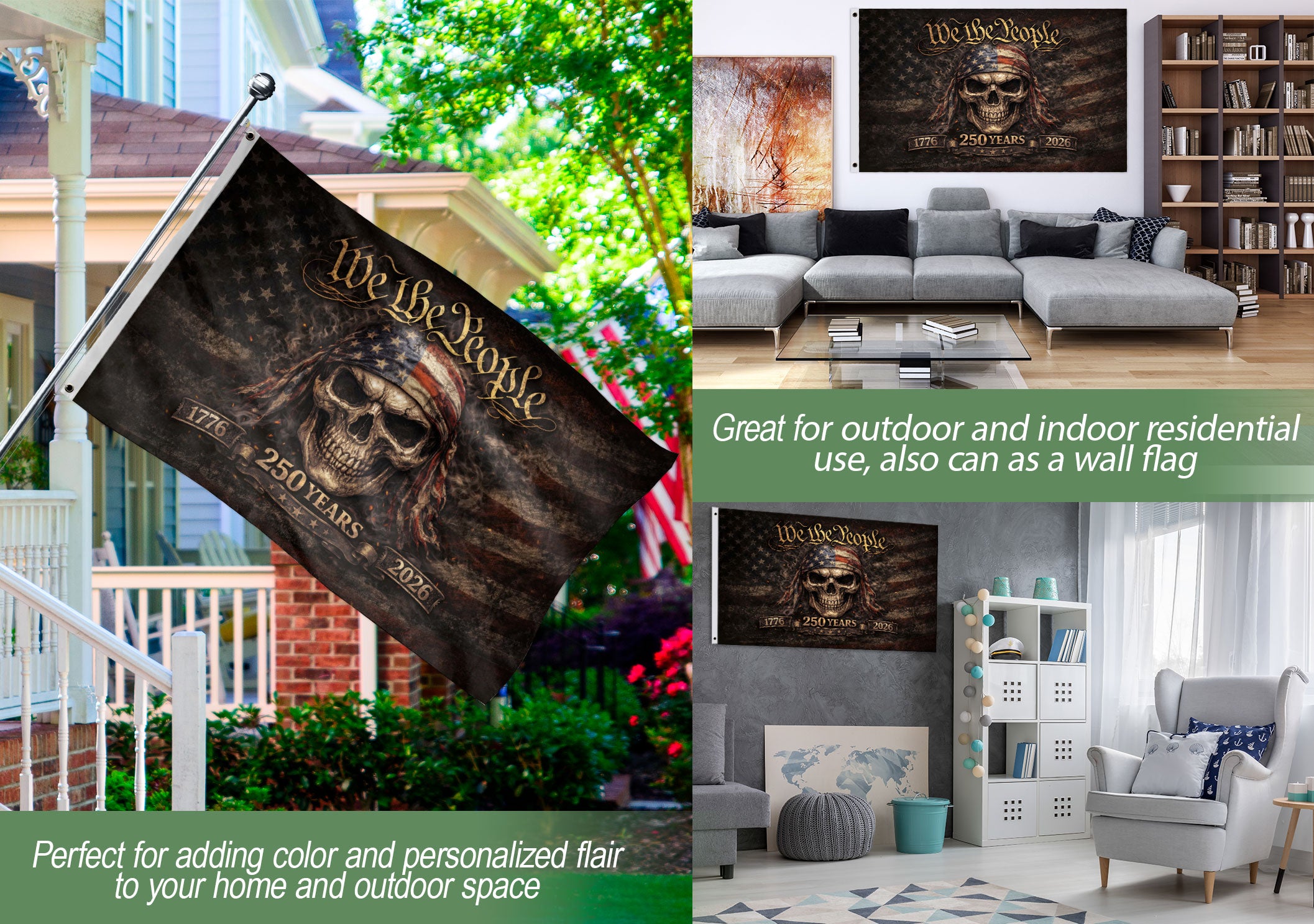 We The People 1776–2026 Flag – Patriotic Skull 250 Years House Flag.