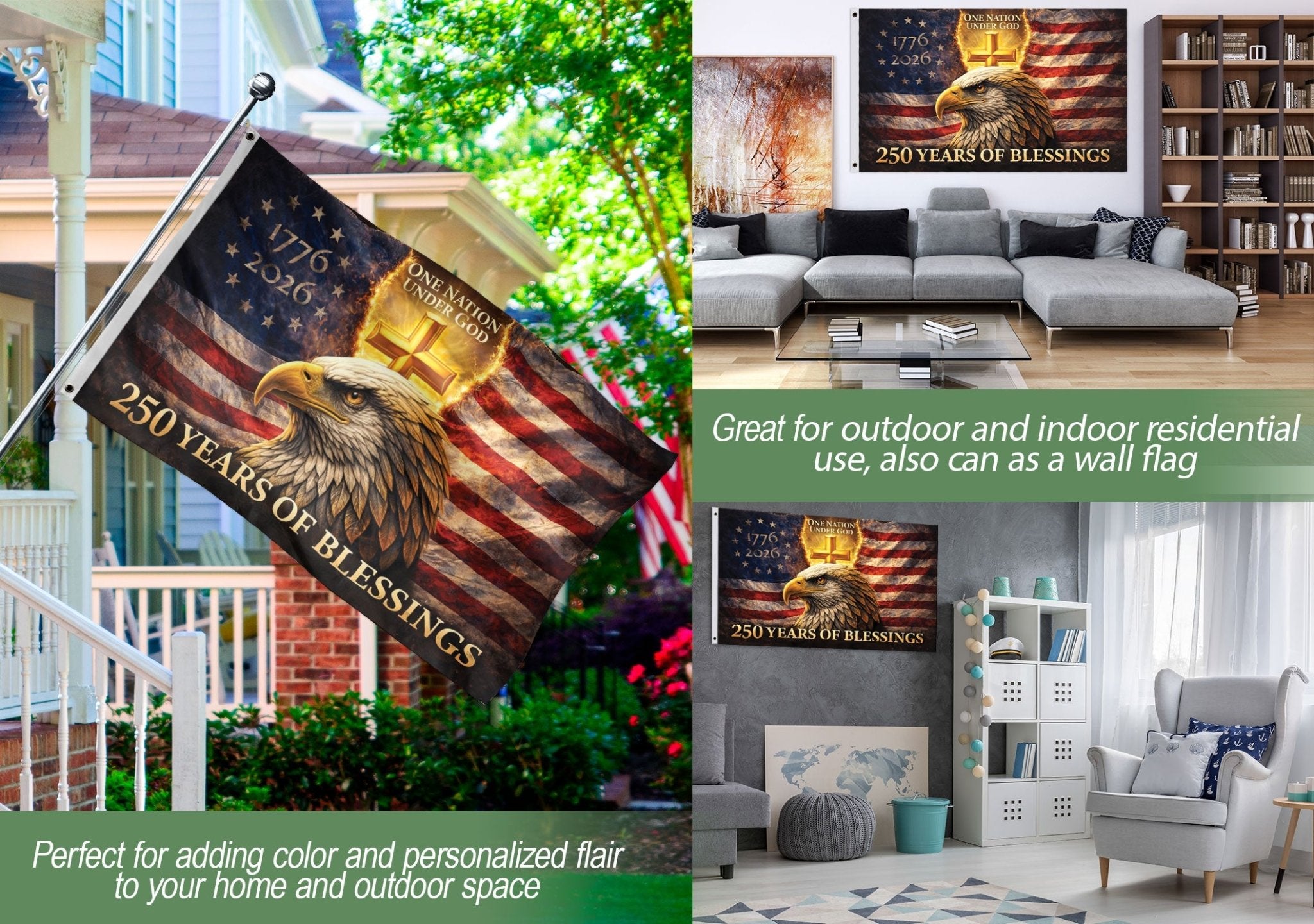 USA 250th Anniversary Eagle Flag 1776-2026 – One Nation Under God Christian Cross Double Sided Patriotic House Flag - Rust Field Wear