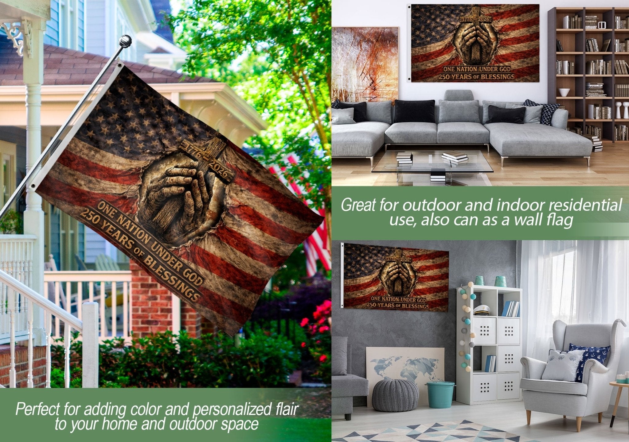 Christian Patriotic House Flag, Praying Hands Cross One Nation Under God Flag Decor - Rust Field Wear