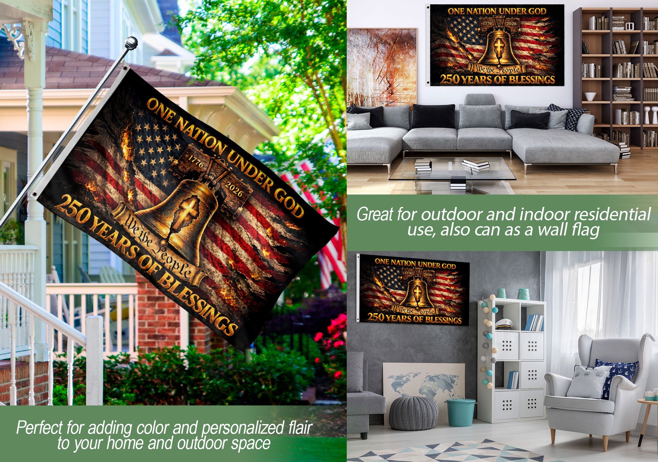 Patriotic Christian House Flag Liberty Bell Cross One Nation Under God We The People