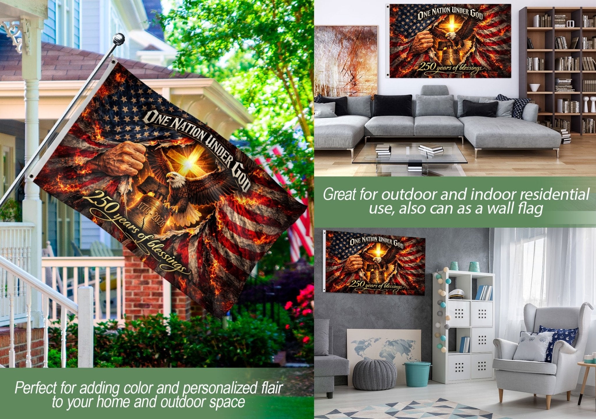 Patriotic House Flag Eagle Cross Liberty Bell One Nation Under God Banner - Rust Field Wear