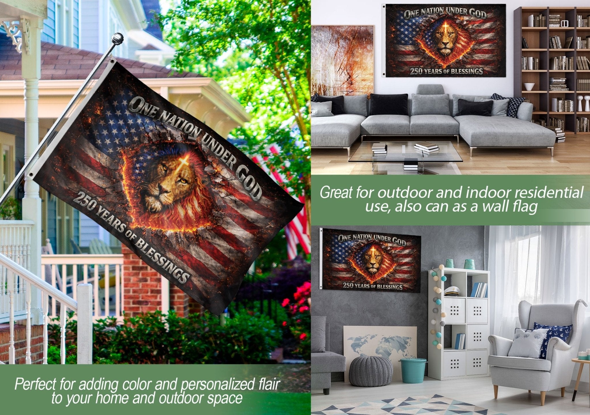 Christian Lion Cross Patriotic House Flag One Nation Under God 250th Anniversary USA Flag 1776–2026 Blessings Design - Rust Field Wear