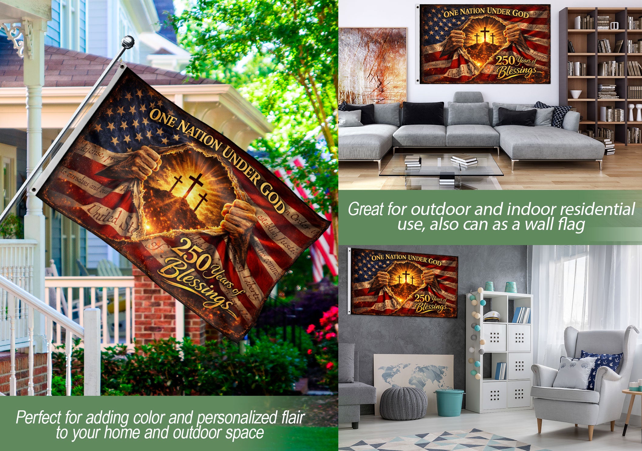 250 Years of Blessings Flag One Nation Under God Christian Three Crosses Patriotic Banner 3x5ft