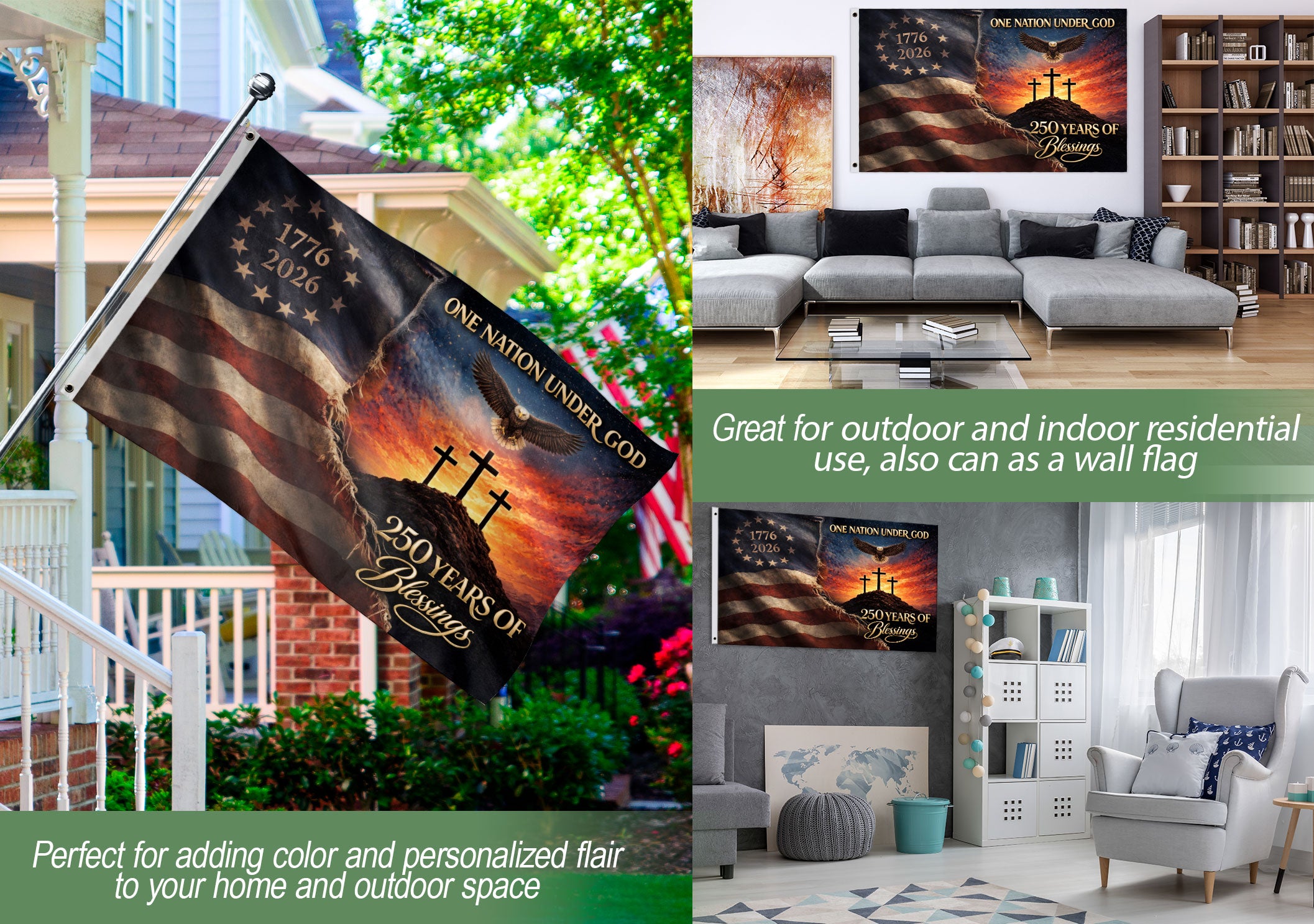 250th Anniversary USA Christian House Flag Three Crosses One Nation Under God Decor