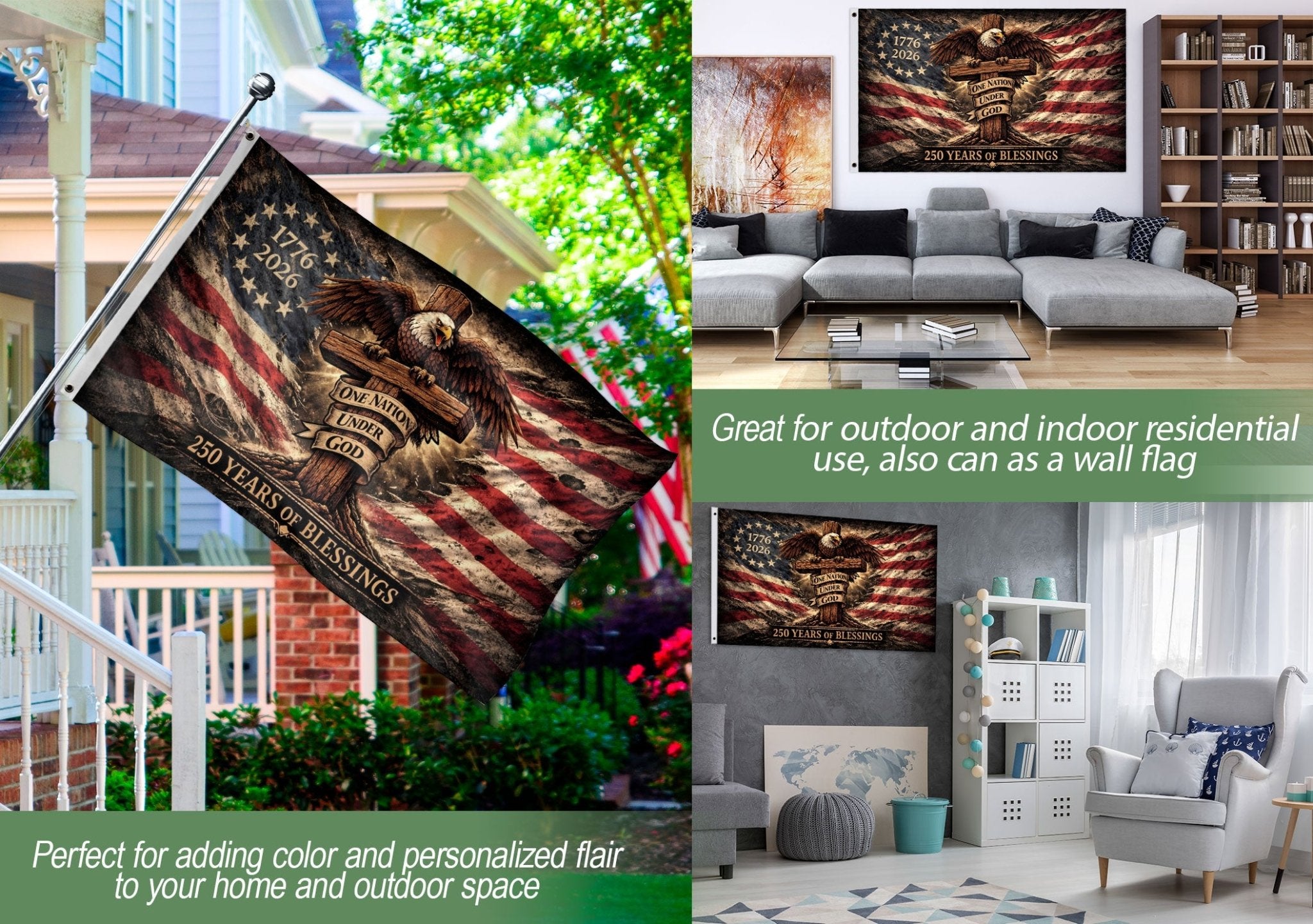 Patriotic Christian House Flag One Nation Under God Eagle Cross 250 Years Blessings 1776-2026 - Rust Field Wear