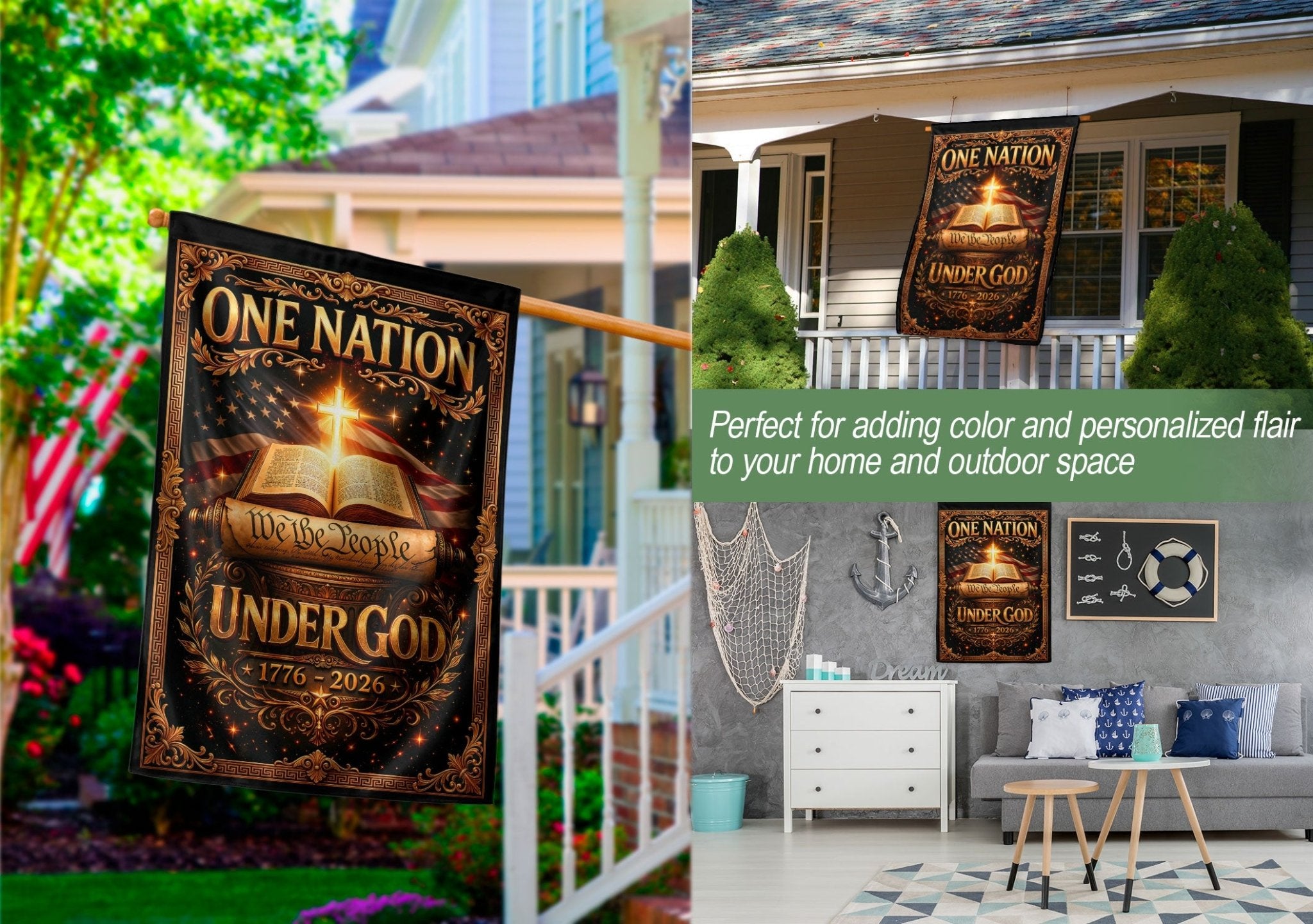 Christian One Nation Under God 250th Anniversary USA Garden Flag 1776–2026 Bible Cross We The People Patriotic Design - Rust Field Wear