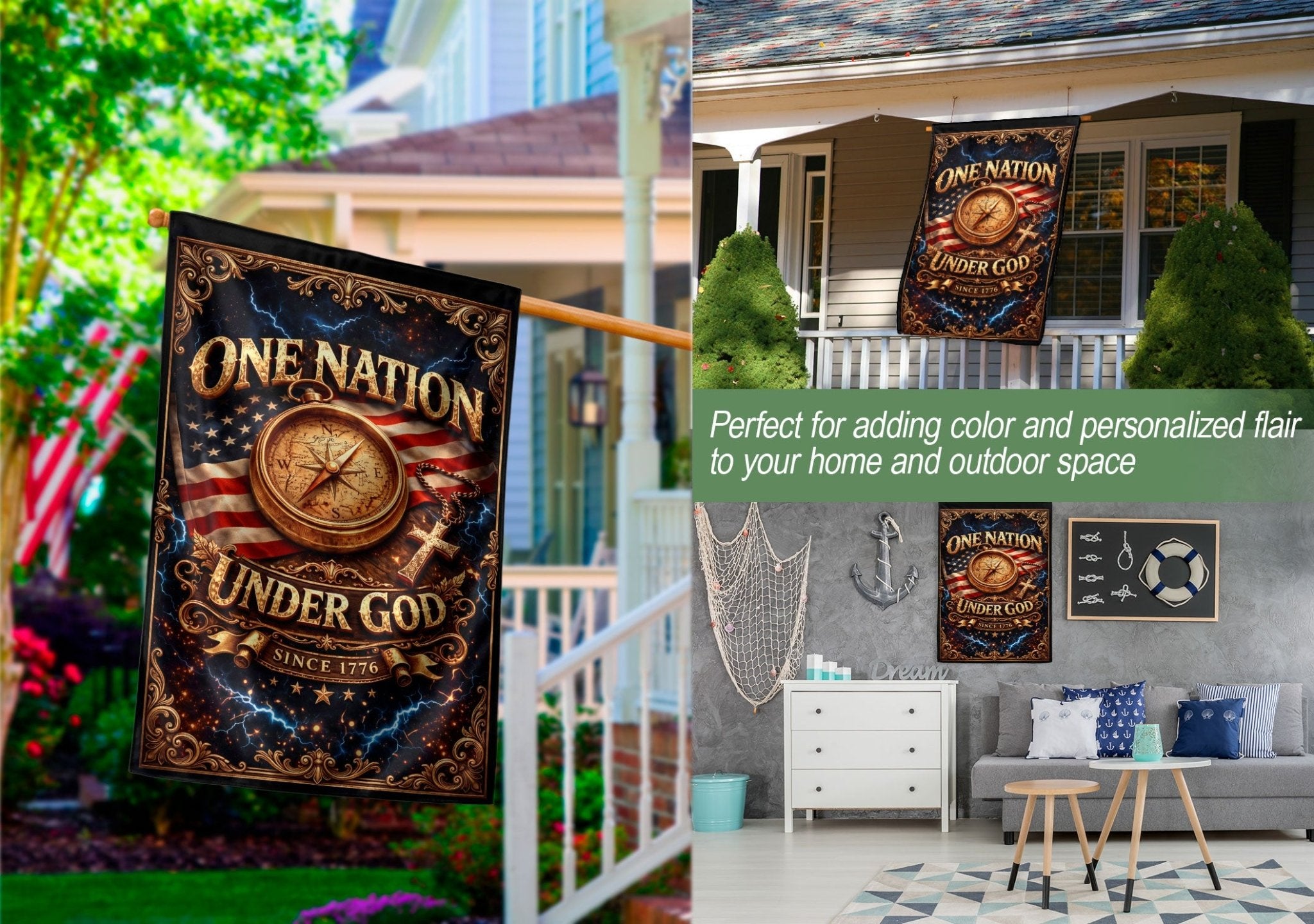 Christian One Nation Under God Since 1776 250th Anniversary USA Garden Flag Compass Cross Patriotic Design - Rust Field Wear
