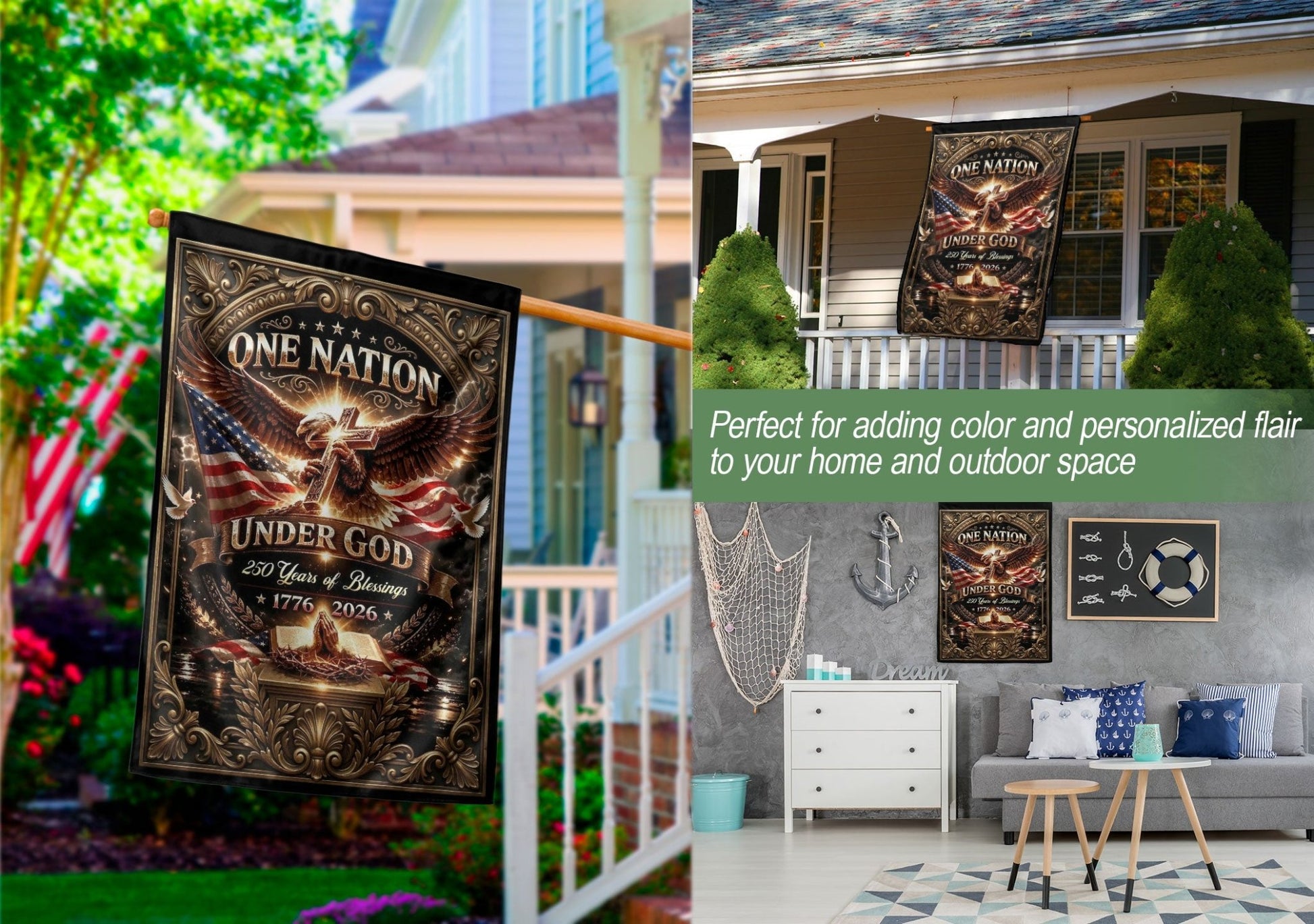 Christian One Nation Under God 250 Years of Blessings USA Garden Flag 1776–2026 Eagle Cross Patriotic Faith Banner - Rust Field Wear