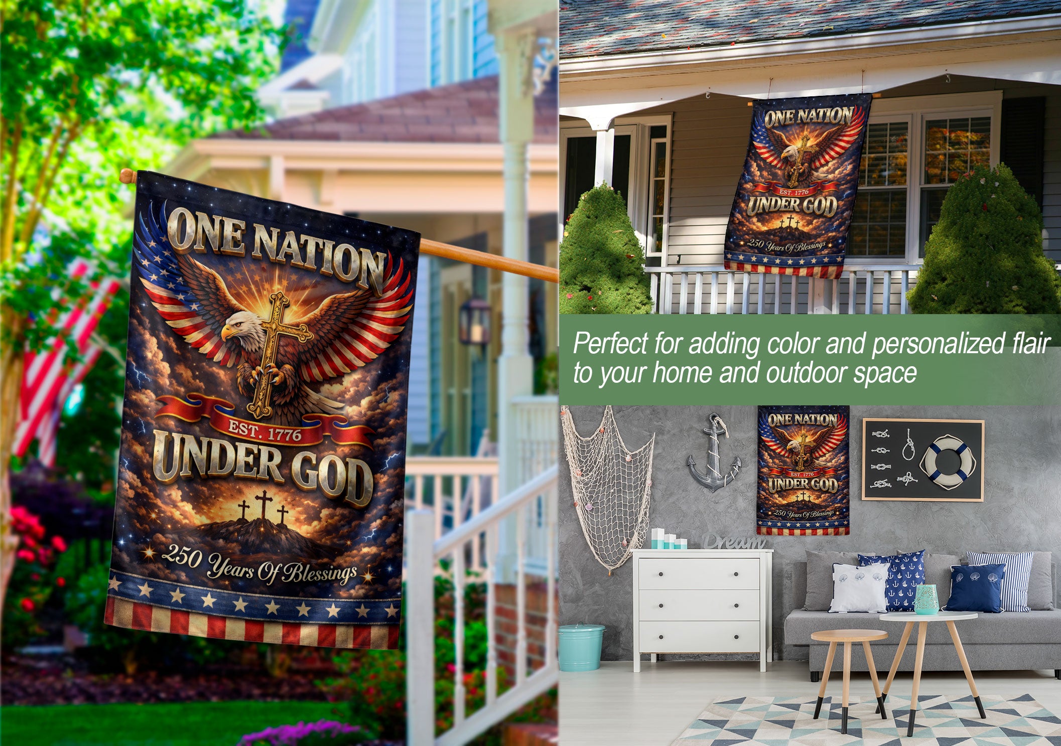 Christian One Nation Under God Est 1776 250th Anniversary USA House Flag Eagle Cross Patriotic Faith Banner