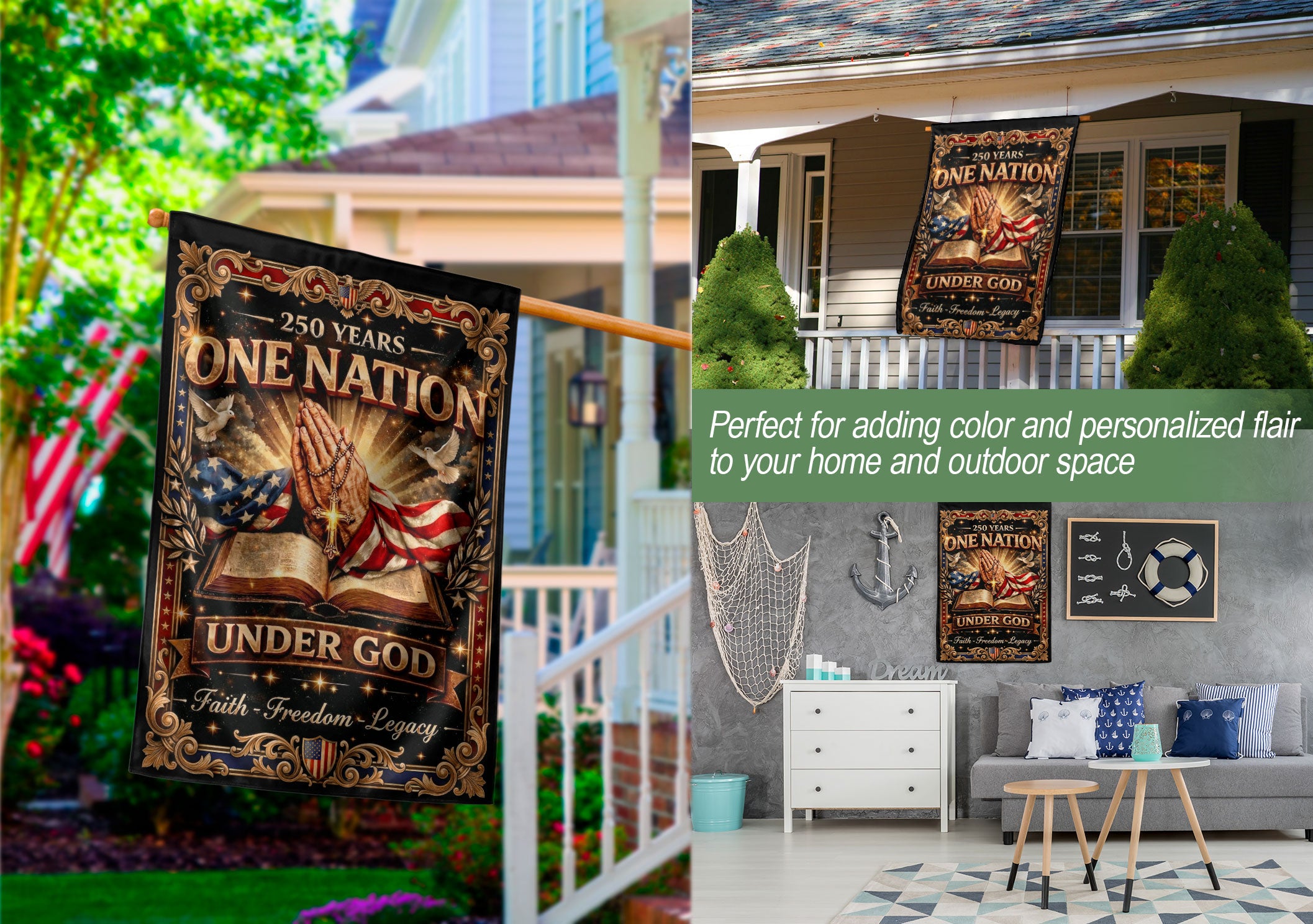 Christian One Nation Under God 250th Anniversary USA House Flag Prayer Bible Faith Freedom Patriotic Design