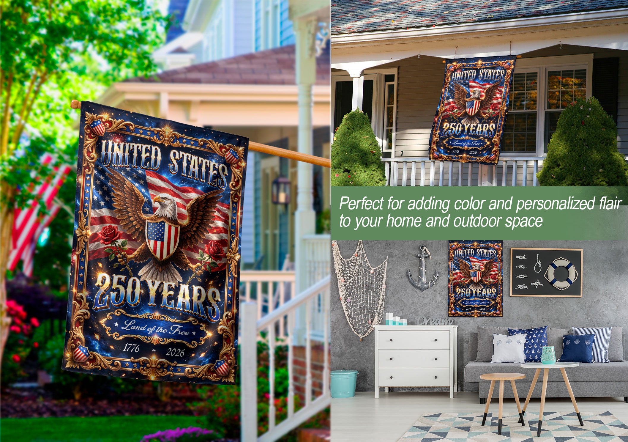 United States 250 Years House Flag 1776-2026 Patriotic Eagle Land of the Free Garden Decor
