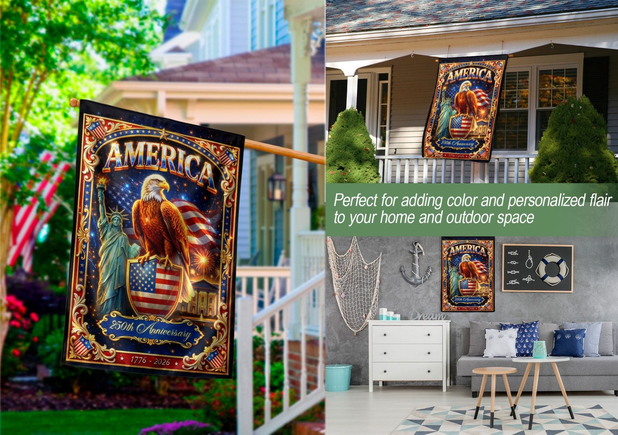 America 250th Anniversary Garden Flag Eagle Statue Patriotic 1776 2026 Yard Banner - Rust Field Wear