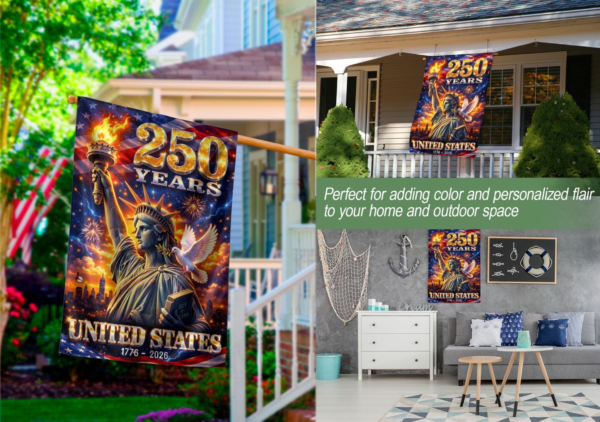 250 Years United States House Flag Statue of Liberty Patriotic 1776 2026 Banner - Rust Field Wear