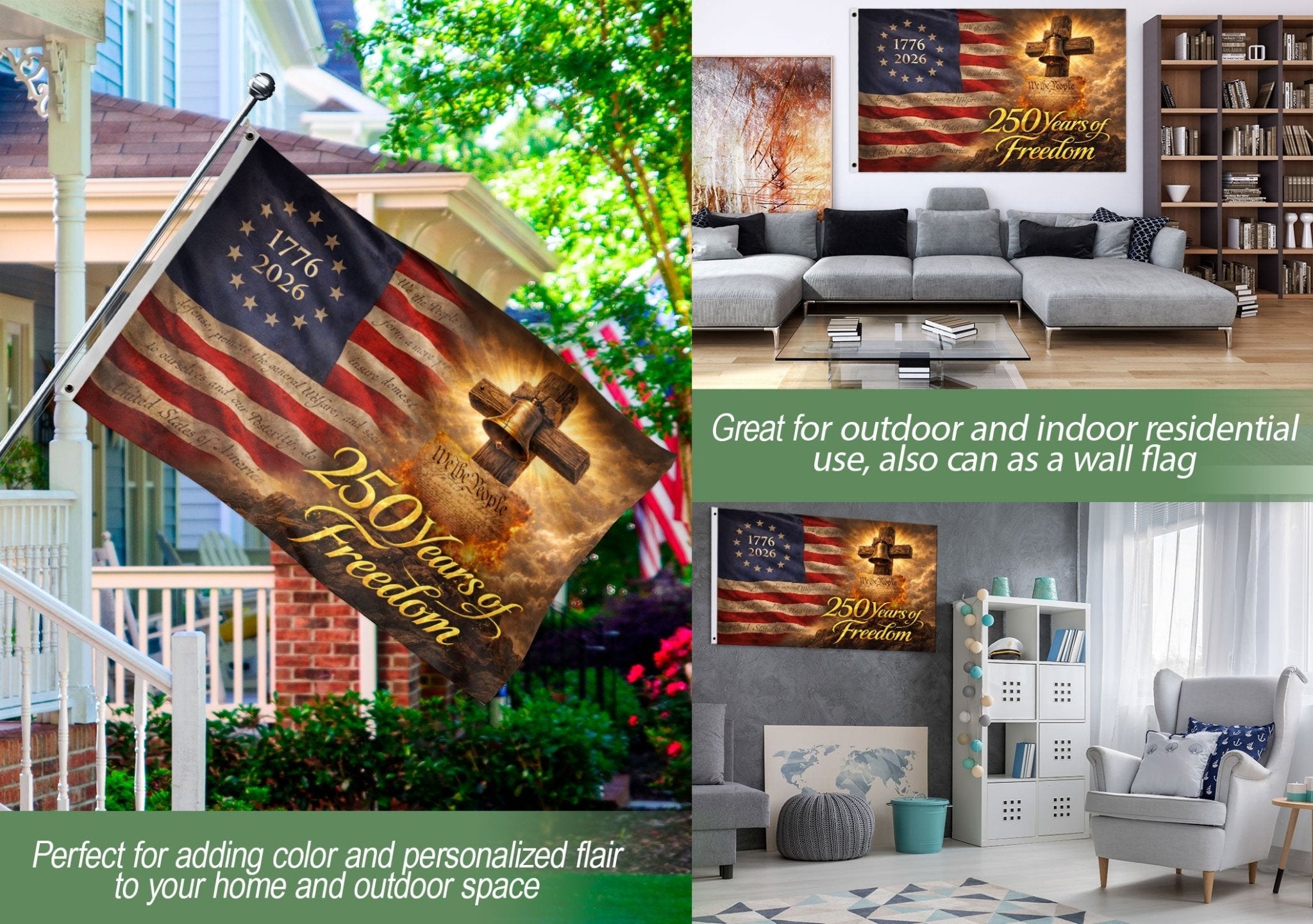 USA 250 Years of Freedom Flag - Liberty Bell & Cross Patriotic Outdoor Banner 1776-2026 - Rust Field Wear