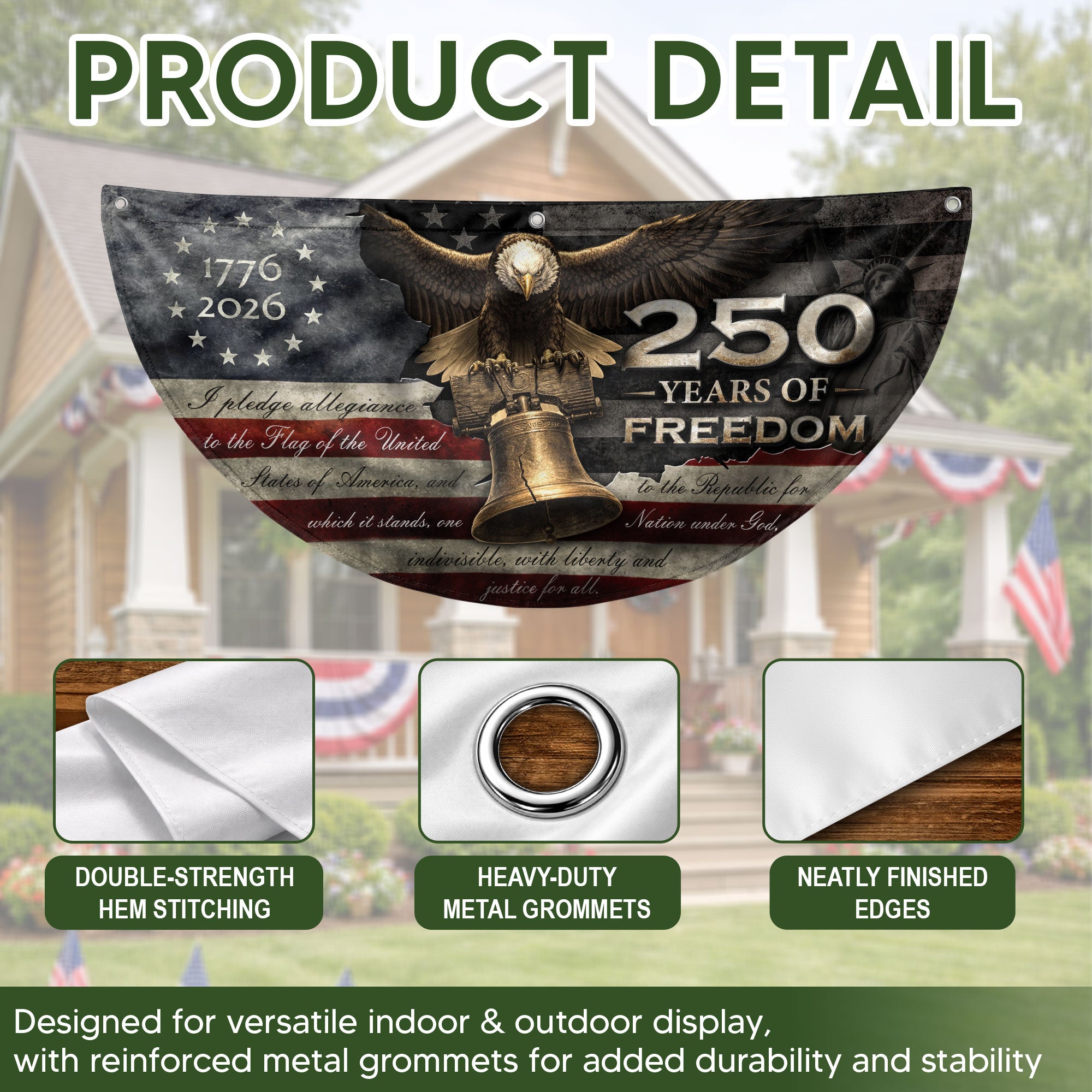250 Years of Freedom Fence Flag 1776-2026 Liberty Bell Eagle Patriotic Banner Decor
