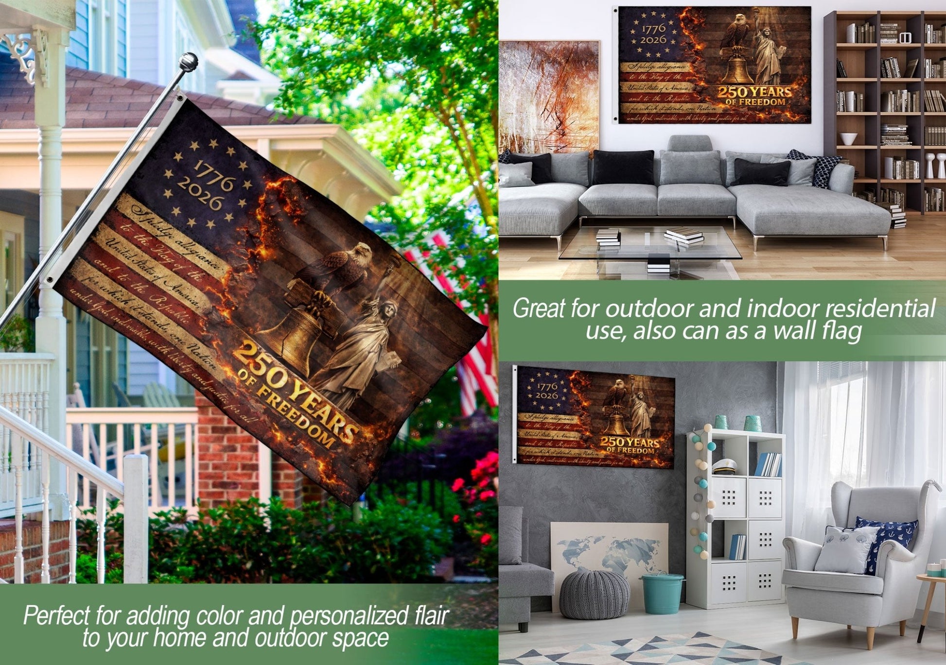 Patriotic House Flag 250 Years of Freedom Eagle Liberty Bell Statue Outdoor Decor - Rust Field Wear
