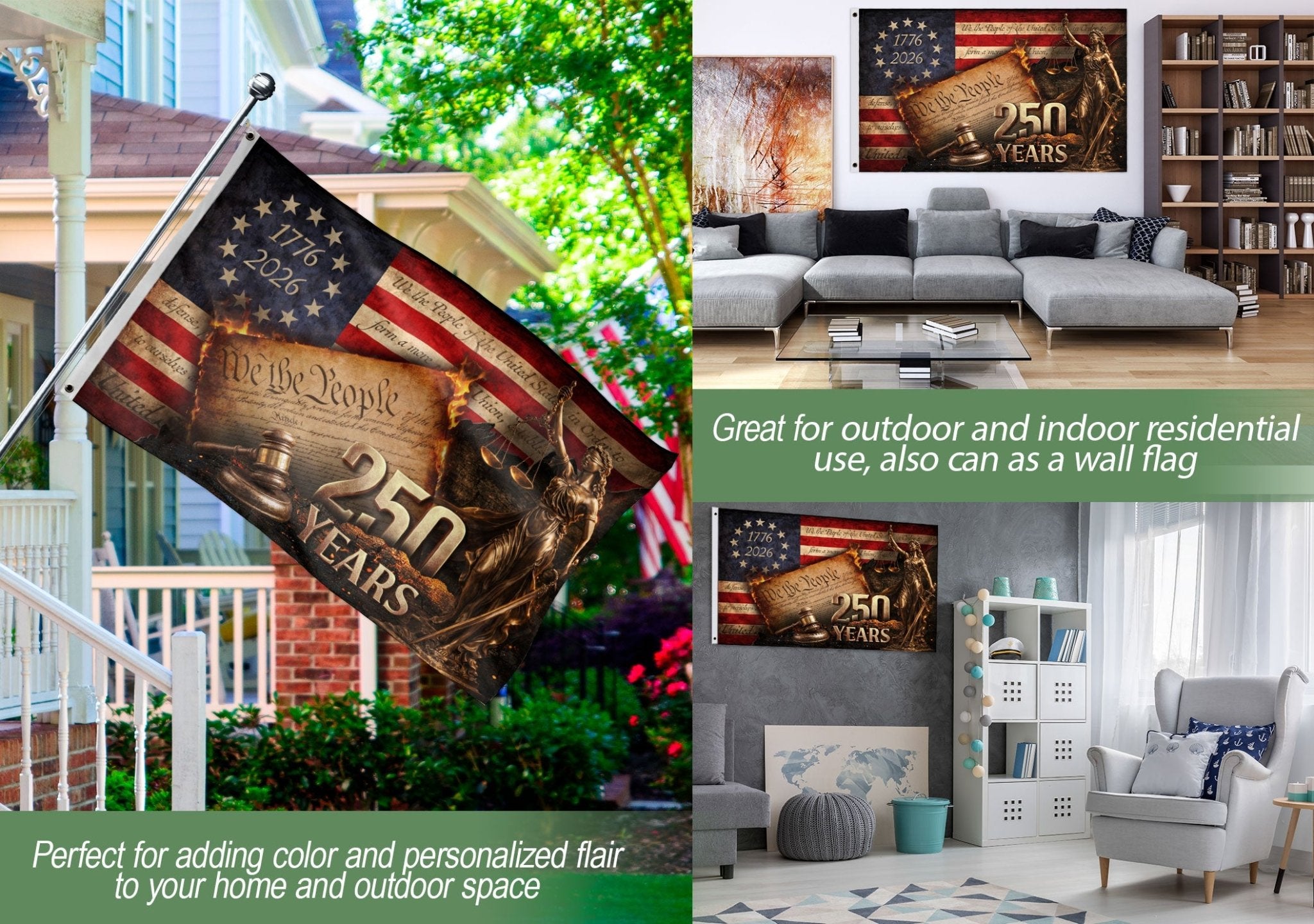 Lady Justice House Flag 1776-2026 We The People 250 Years of Freedom Patriotic Decor - Rust Field Wear