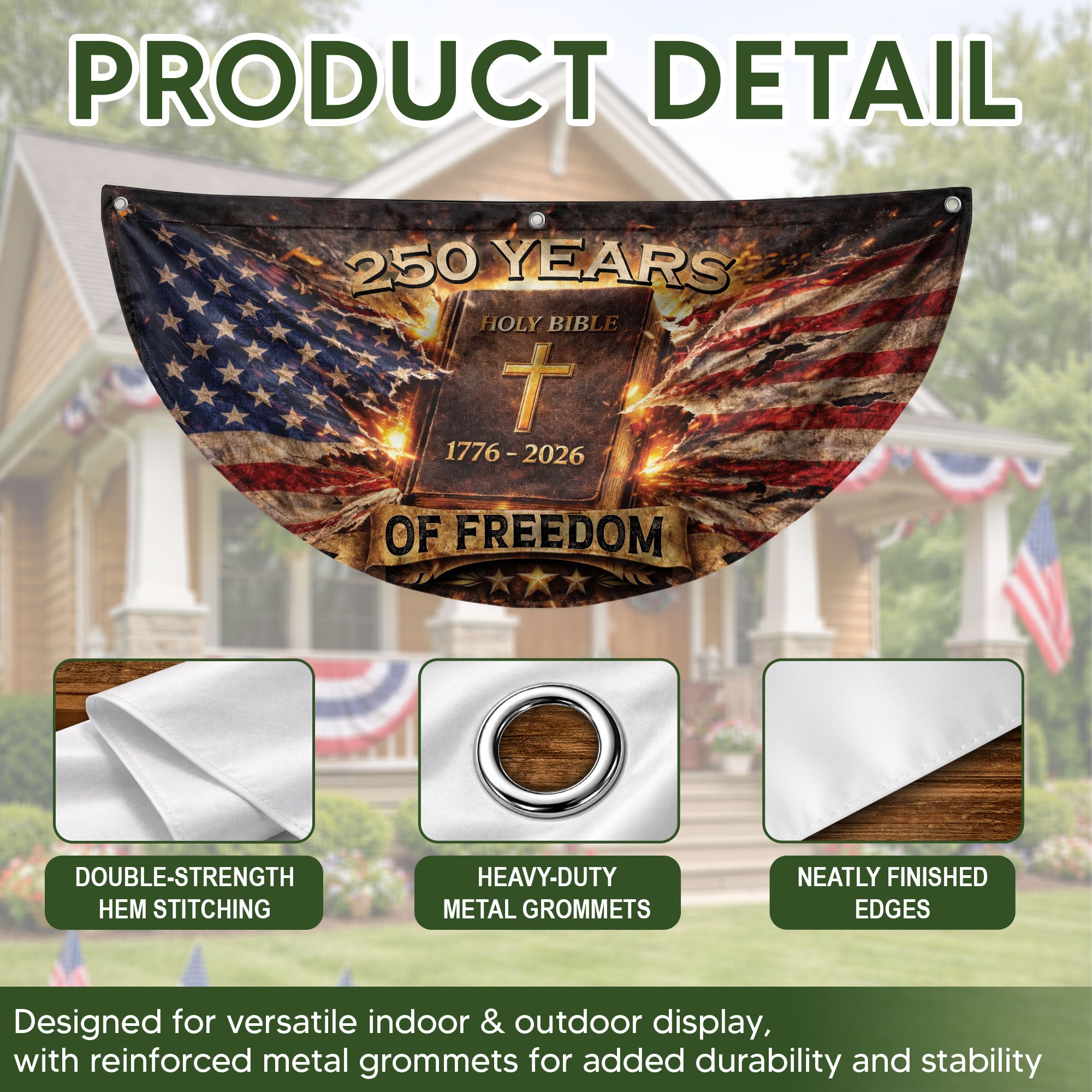 Fence Flag USA 250th Anniversary 1776–2026 Christian Cross Bible Patriotic Banner 250 Year American Freedom Flag