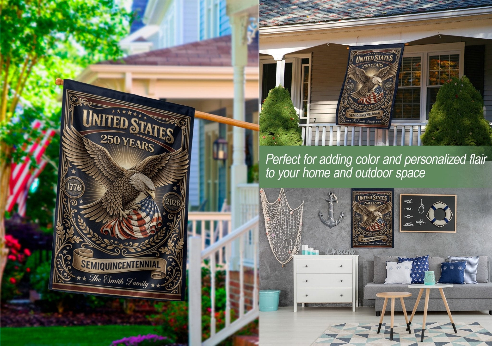 United States 250 Years Eagle Garden Flag Custom Family Name Patriotic Decor - Rust Field Wear