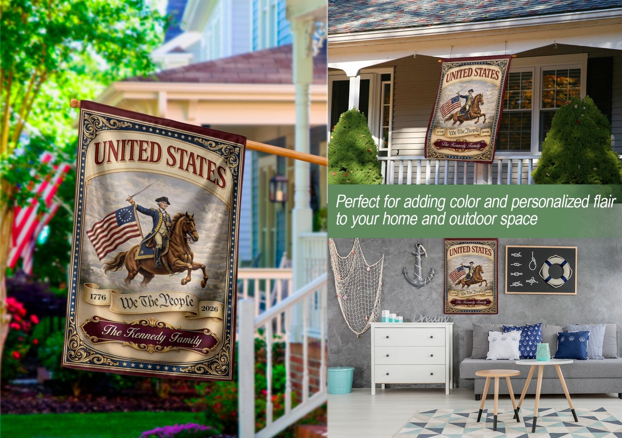 United States 250 Years Garden Flag Custom Family Name George Washington 1776 2026 Patriotic Decor - Rust Field Wear