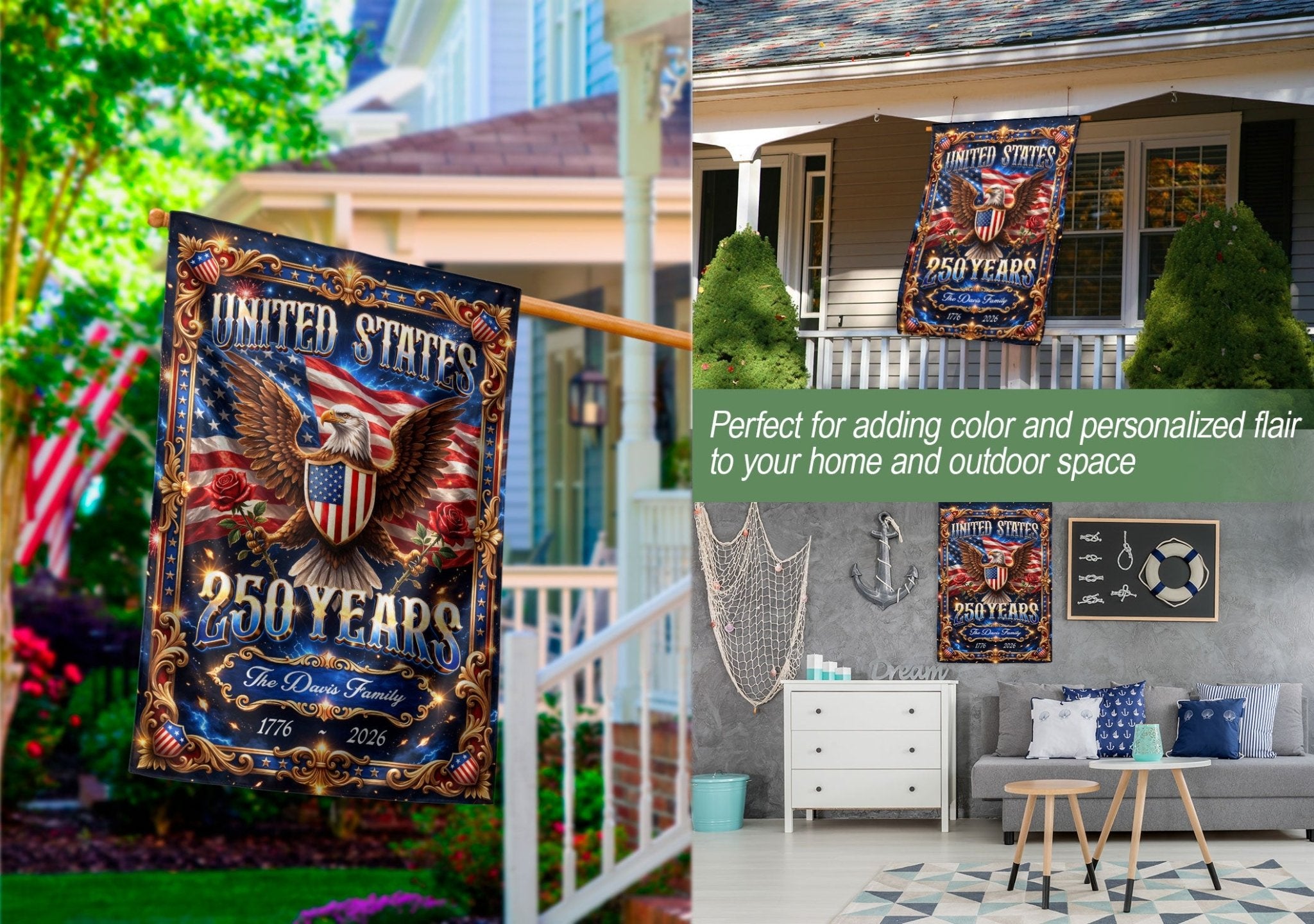 Custom Family Name Garden Flag 250 Years 1776–2026 Patriotic Eagle USA Flag Decor - Rust Field Wear