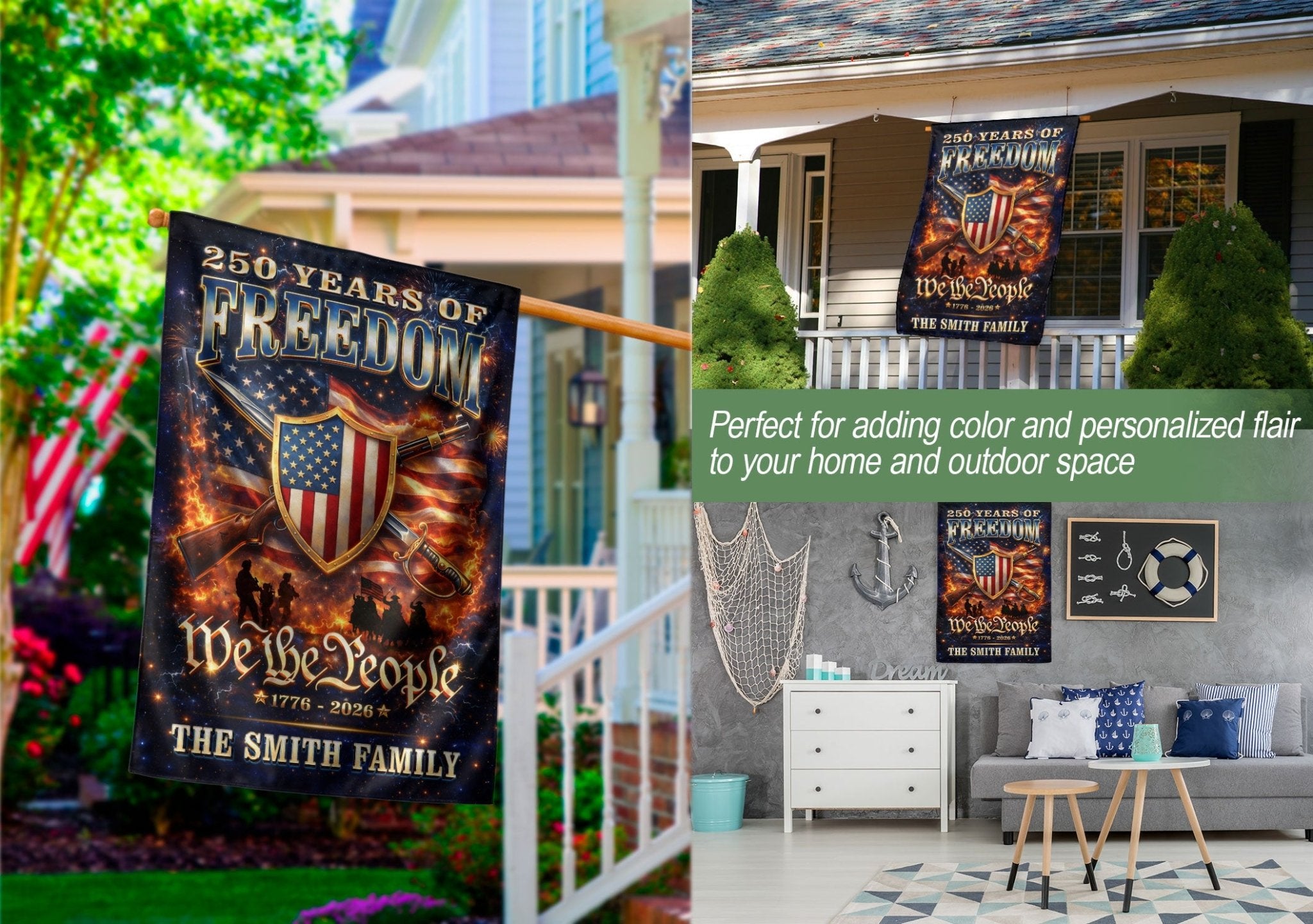Custom Family Name Garden Flag 250 Years of Freedom 1776–2026 Patriotic Decor - Rust Field Wear
