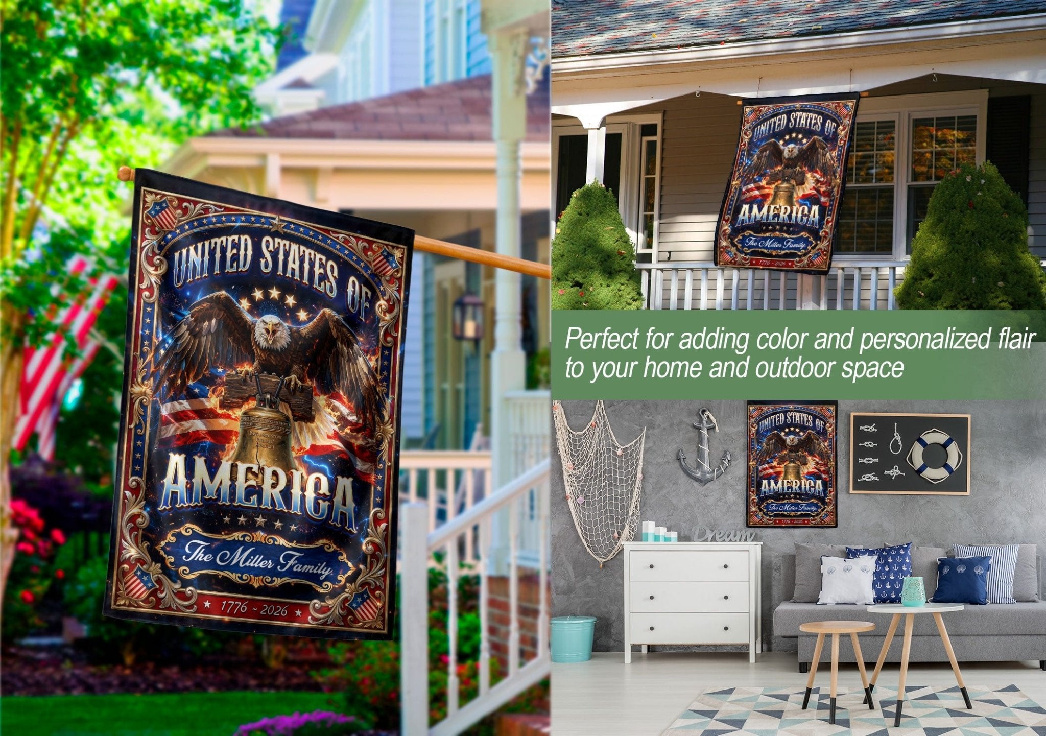 Custom Family Name Garden Flag Patriotic Eagle Liberty Bell USA 1776–2026 Decor - Rust Field Wear