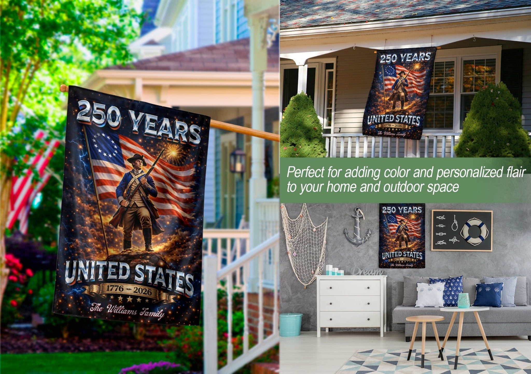 Custom Family Name Garden Flag 250 Years 1776–2026 Patriotic Soldier USA Decor - Rust Field Wear