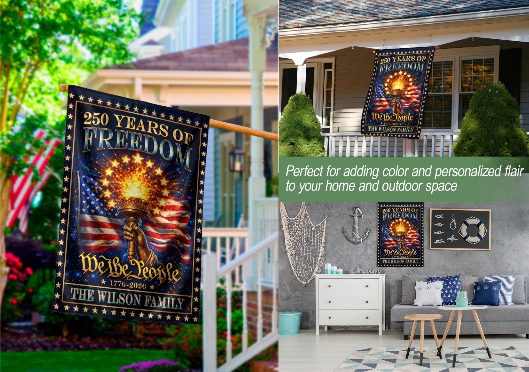 Custom Family Name Garden Flag 250 Years of Freedom 1776–2026 Patriotic Torch - Rust Field Wear