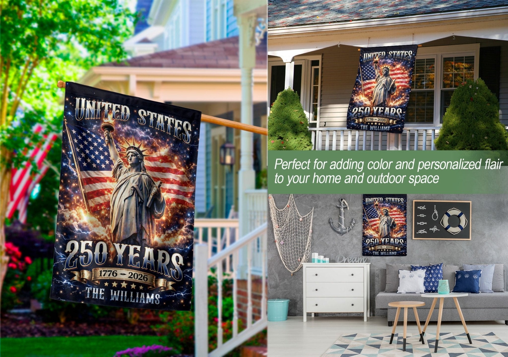 Custom Family Name 250th Anniversary Garden Flag – Statue of Liberty & USA Flag 1776-2026 - Rust Field Wear