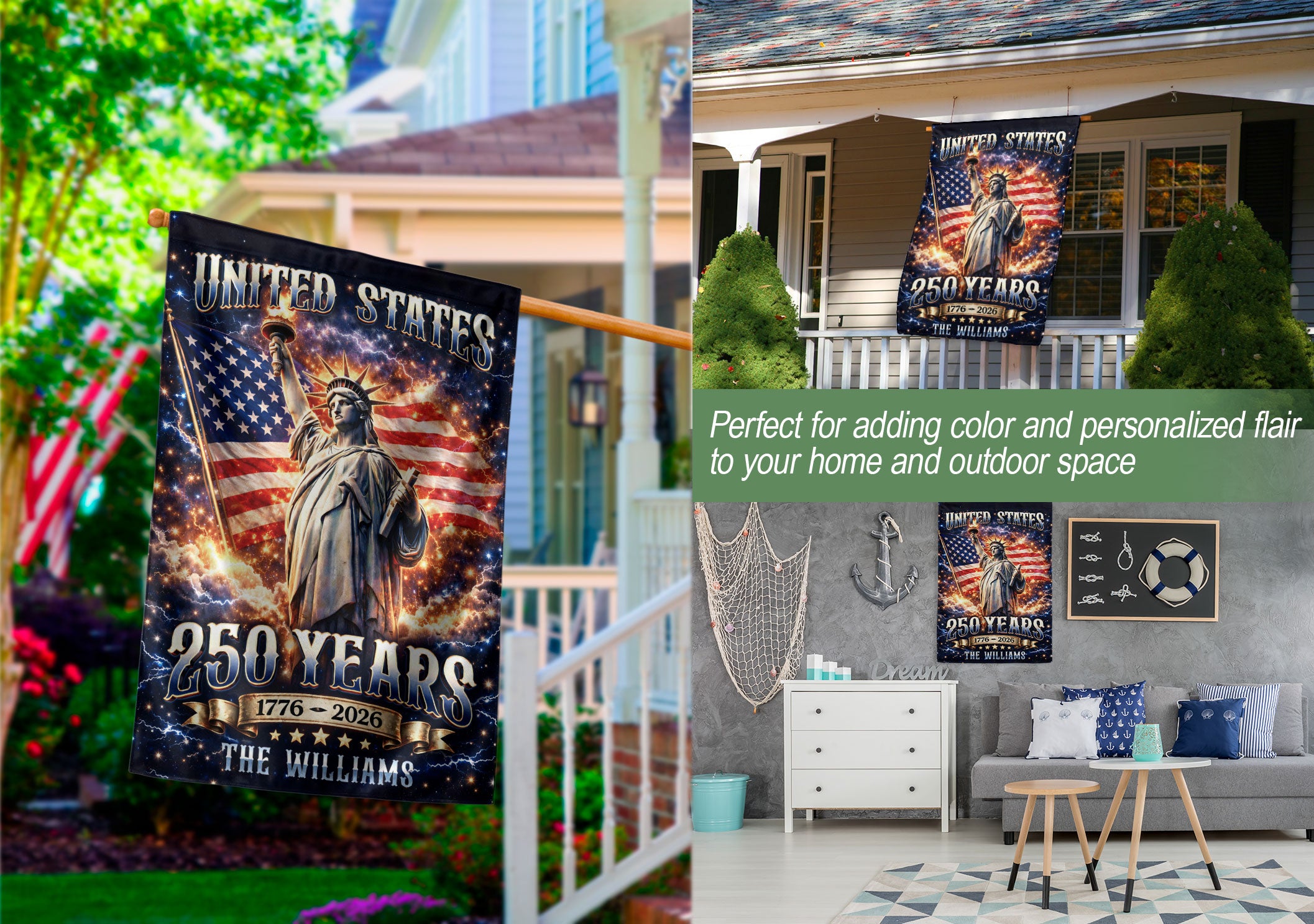 Custom Family Name 250th Anniversary Garden Flag – Statue of Liberty & USA Flag 1776-2026