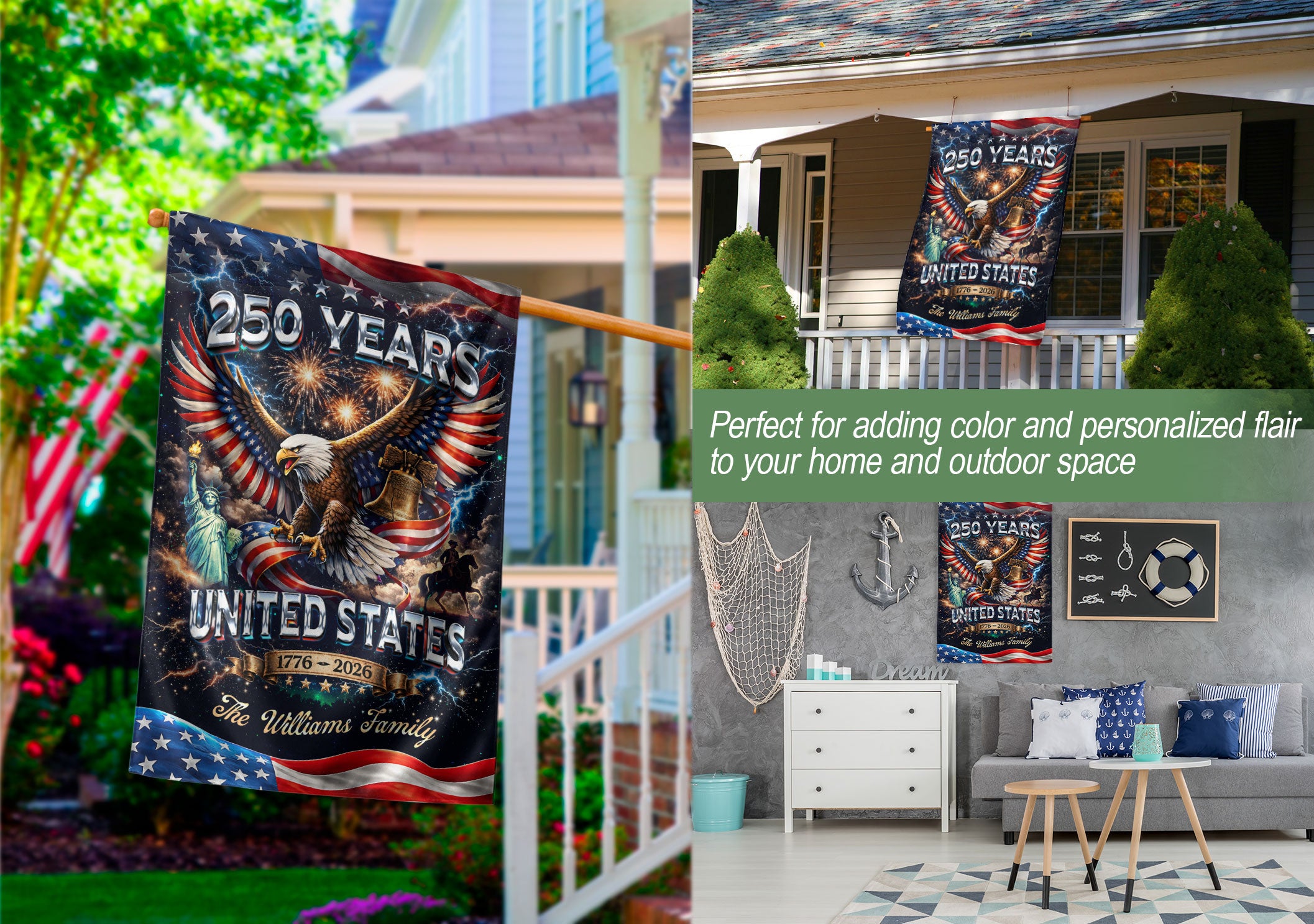 Personalized USA 250th Celebration Garden Flag – Patriotic Eagle, Statue & Fireworks Theme (1776–2026)