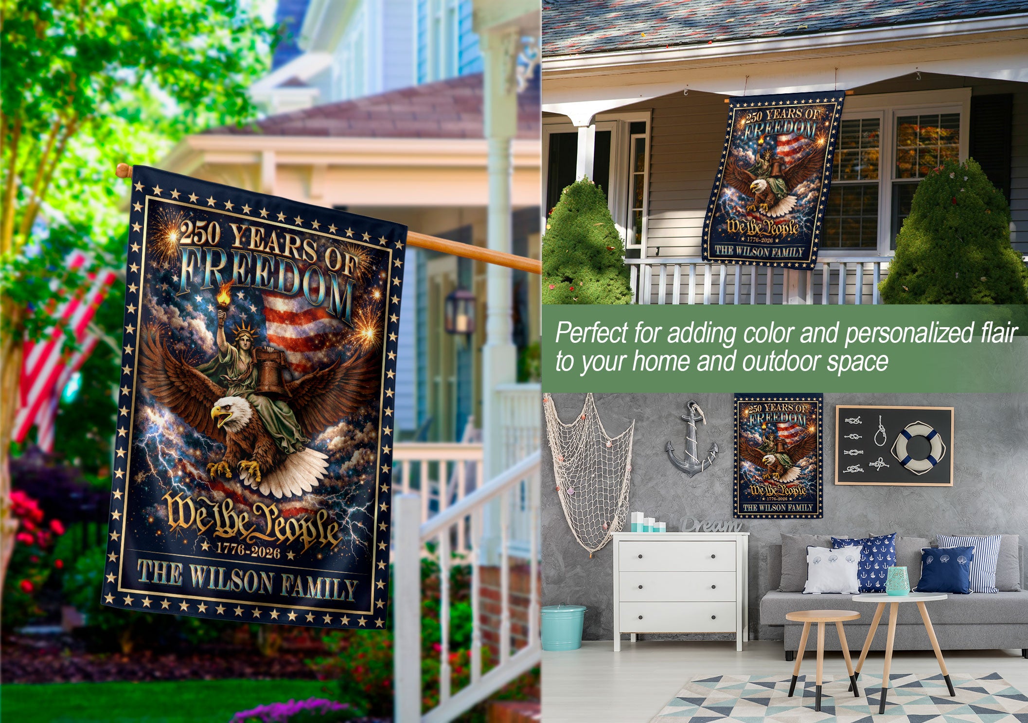 Personalized Patriotic Garden Flag – 250 Years of American Heritage with Liberty & Eagle Motif (1776–2026)