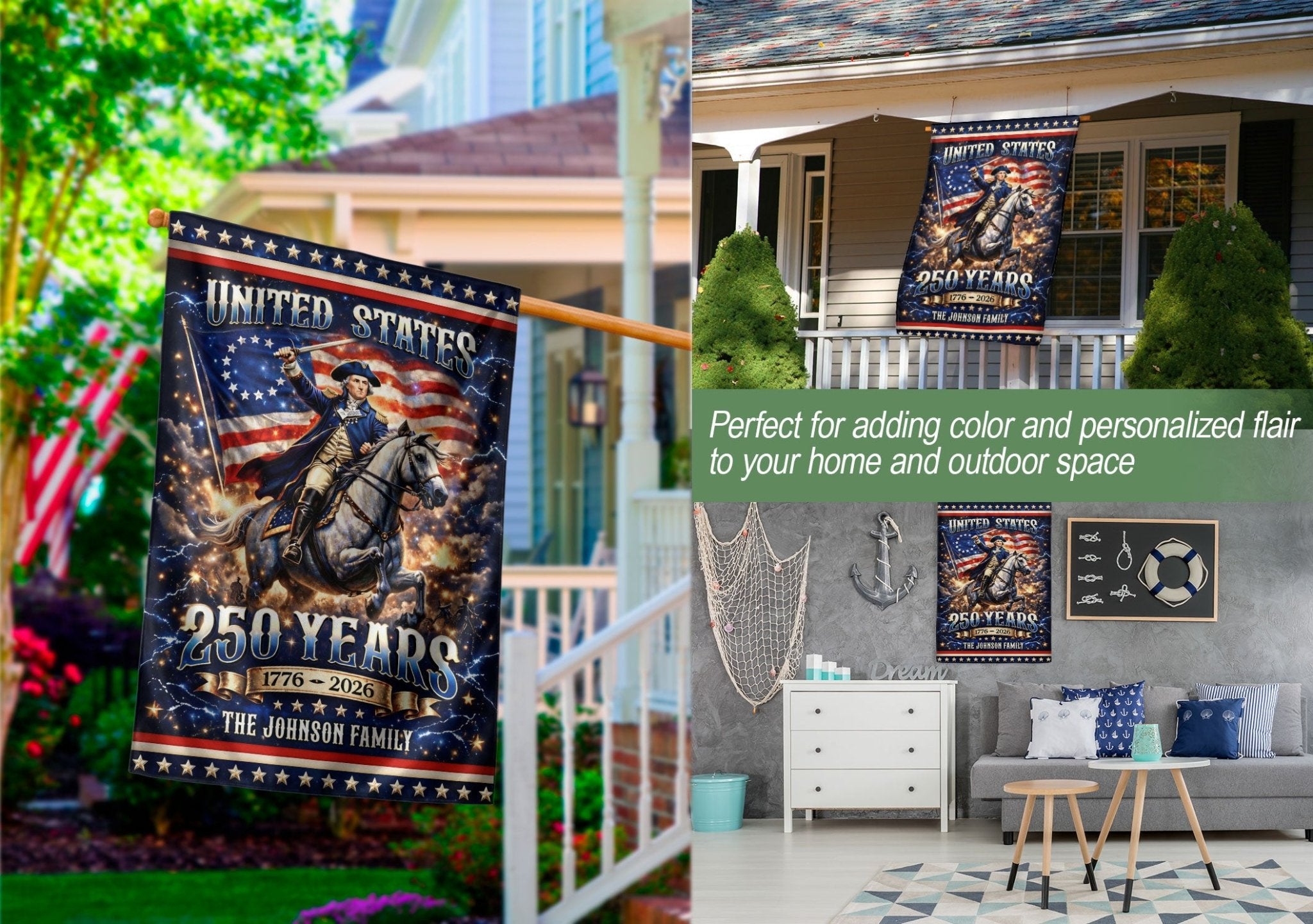 Custom Family Name 250th Anniversary Garden Flag – George Washington & USA Flag 1776-2026 - Rust Field Wear