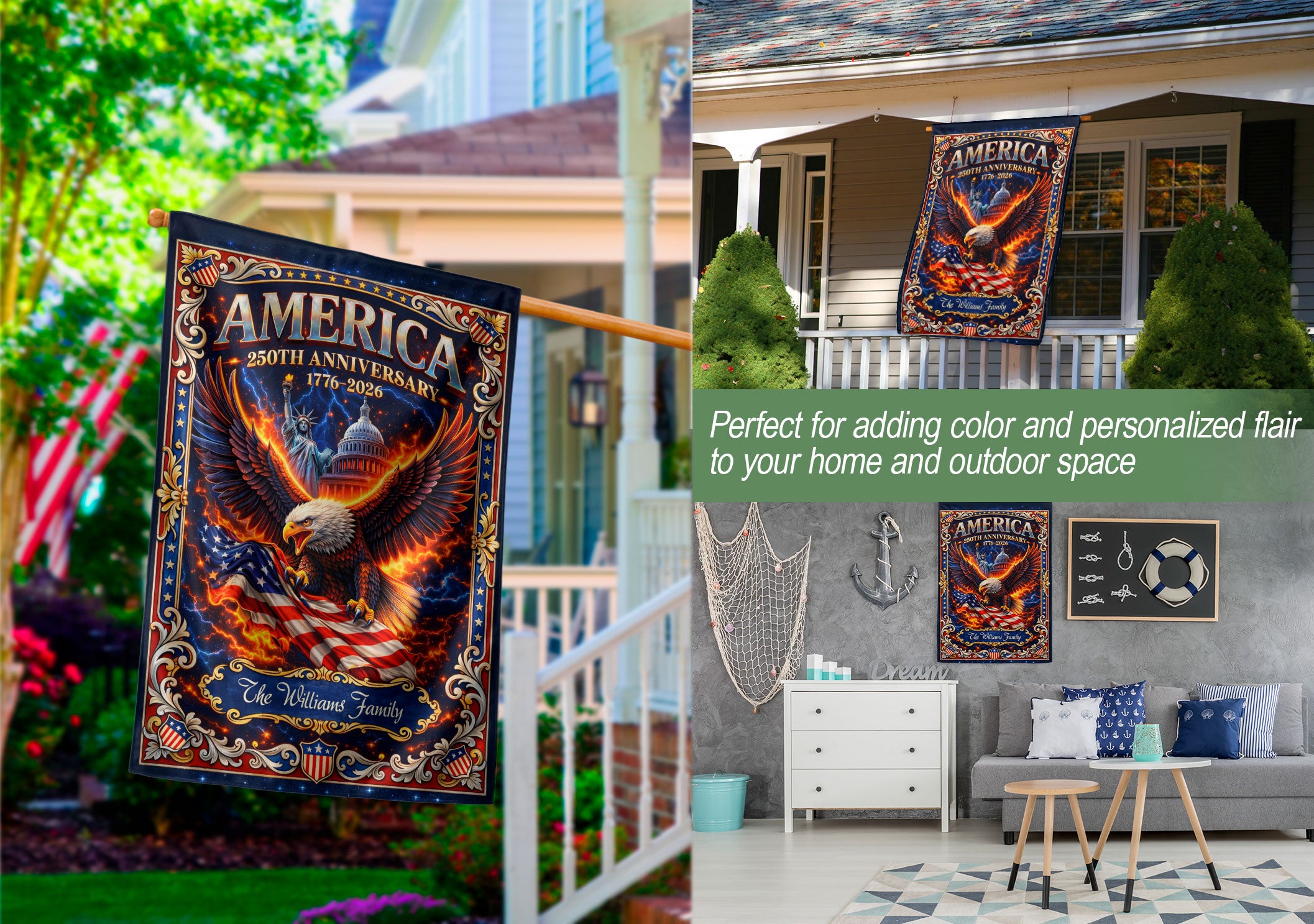Personalized 250 Years USA Garden Flag – Family Name with Eagle, Statue of Liberty & Capitol (1776–2026)