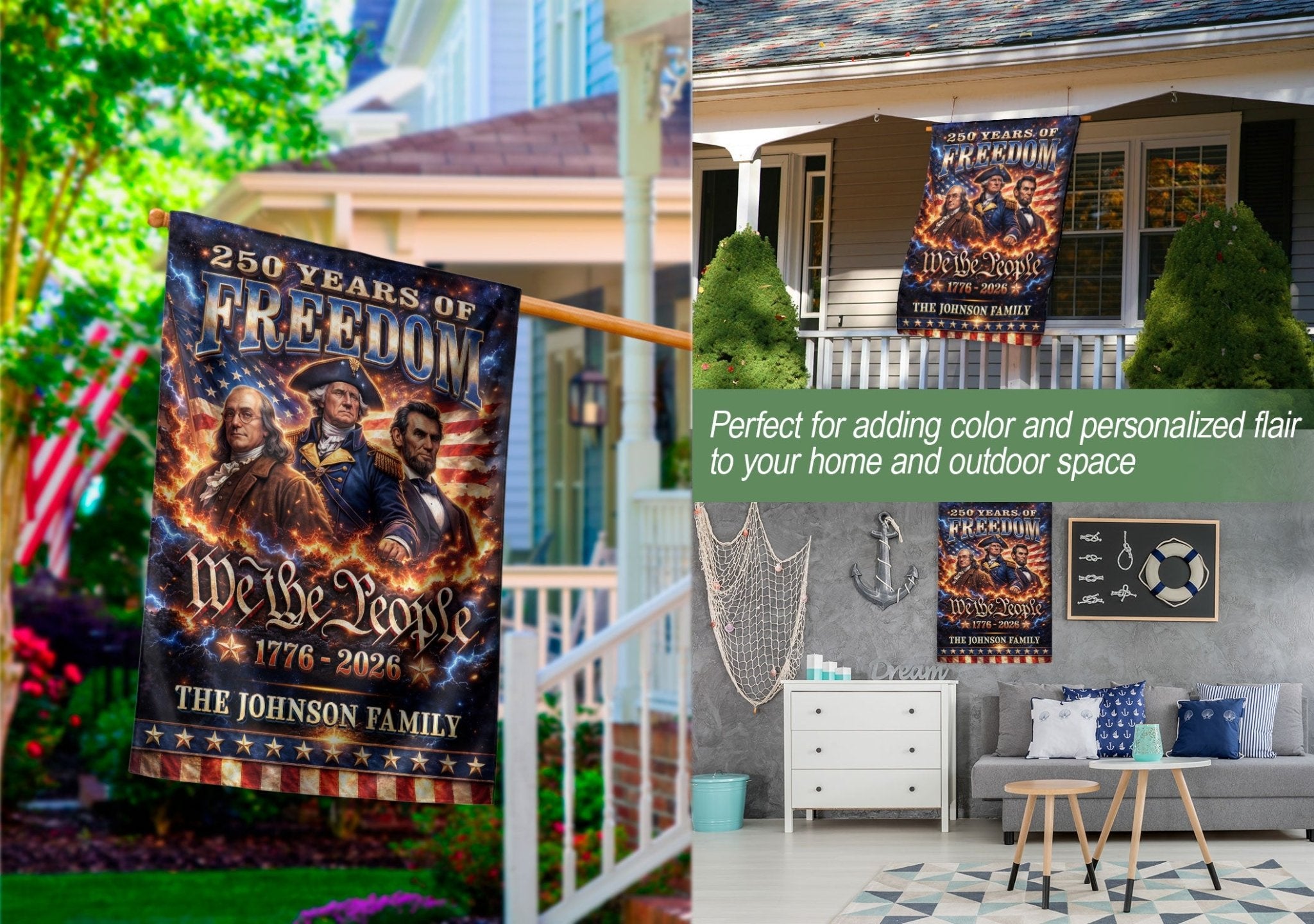Custom Family Name 250th Anniversary Garden Flag – Founding Fathers & 'We the People' 1776-2026 - Rust Field Wear