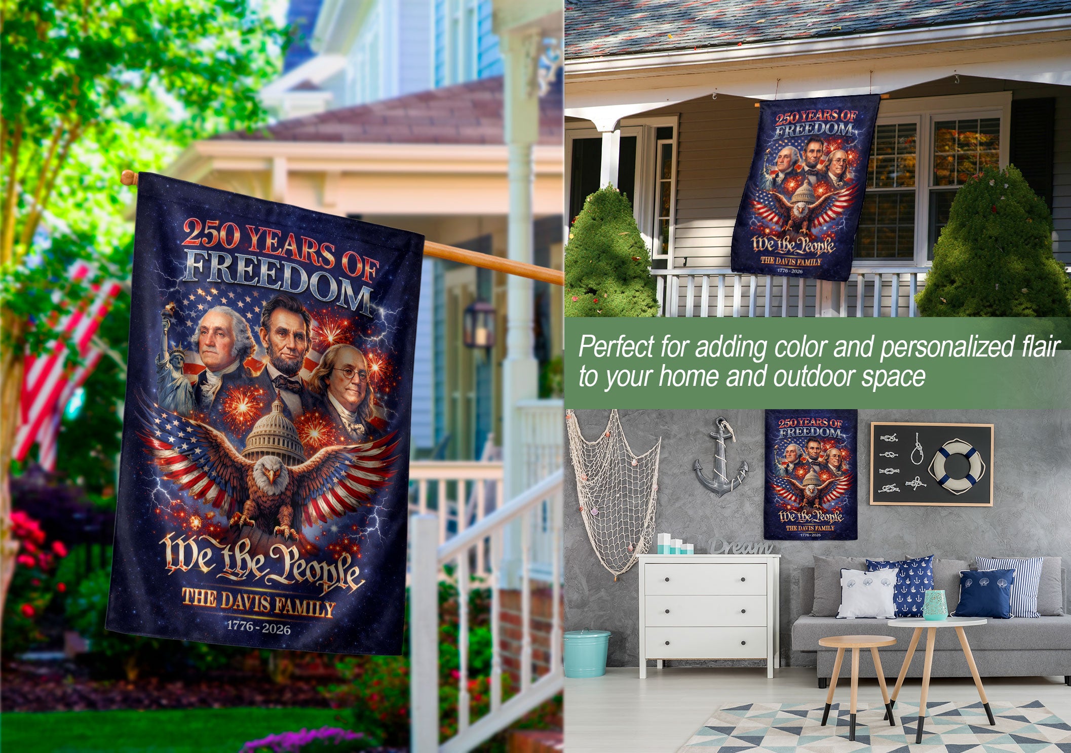 Custom Family Name 250th Anniversary Garden Flag – Founding Fathers, Eagle & Capitol 1776-2026