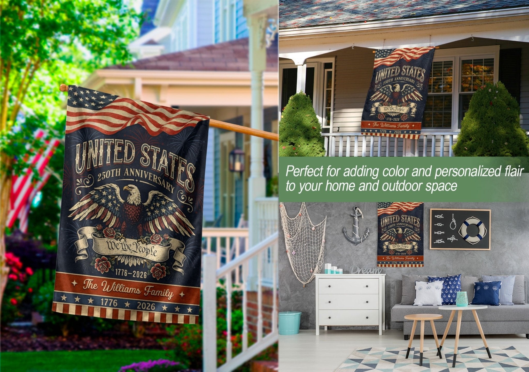 Personalized Patriotic Garden Banner – 250 Years of the USA Featuring Eagle & “We the People” (1776–2026) - Rust Field Wear